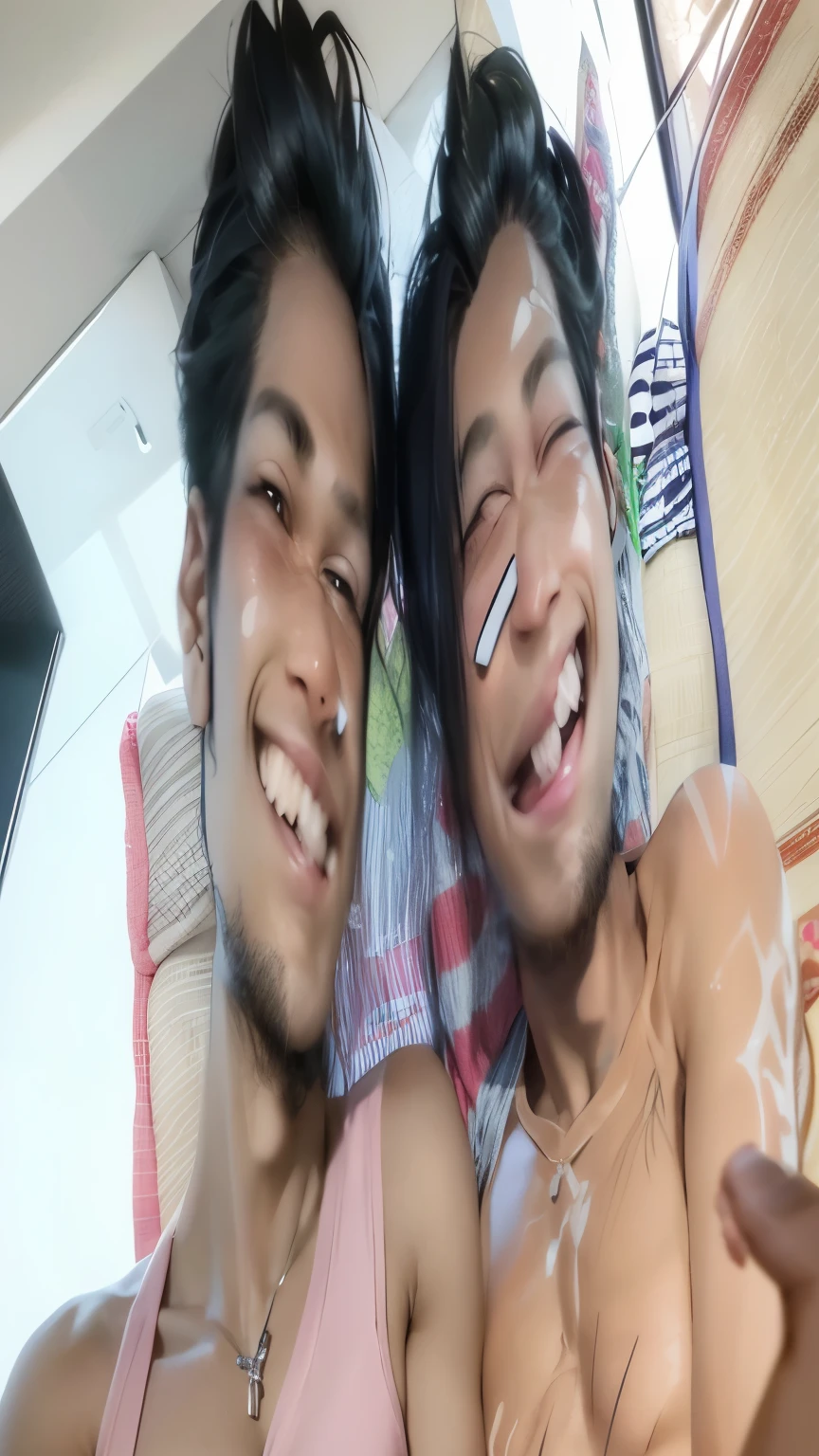they are two men laying on a bed together smiling, ghutra and egal, with funny feeling, selfie photo, happy friend, insane smile, two young men, selfie, both laughing, with accurate face, assamese aesthetic, selfie photography, selfie!!!!!, roomies, both smiling for the camera, with a twin, with a beautifull smile, facebook post
