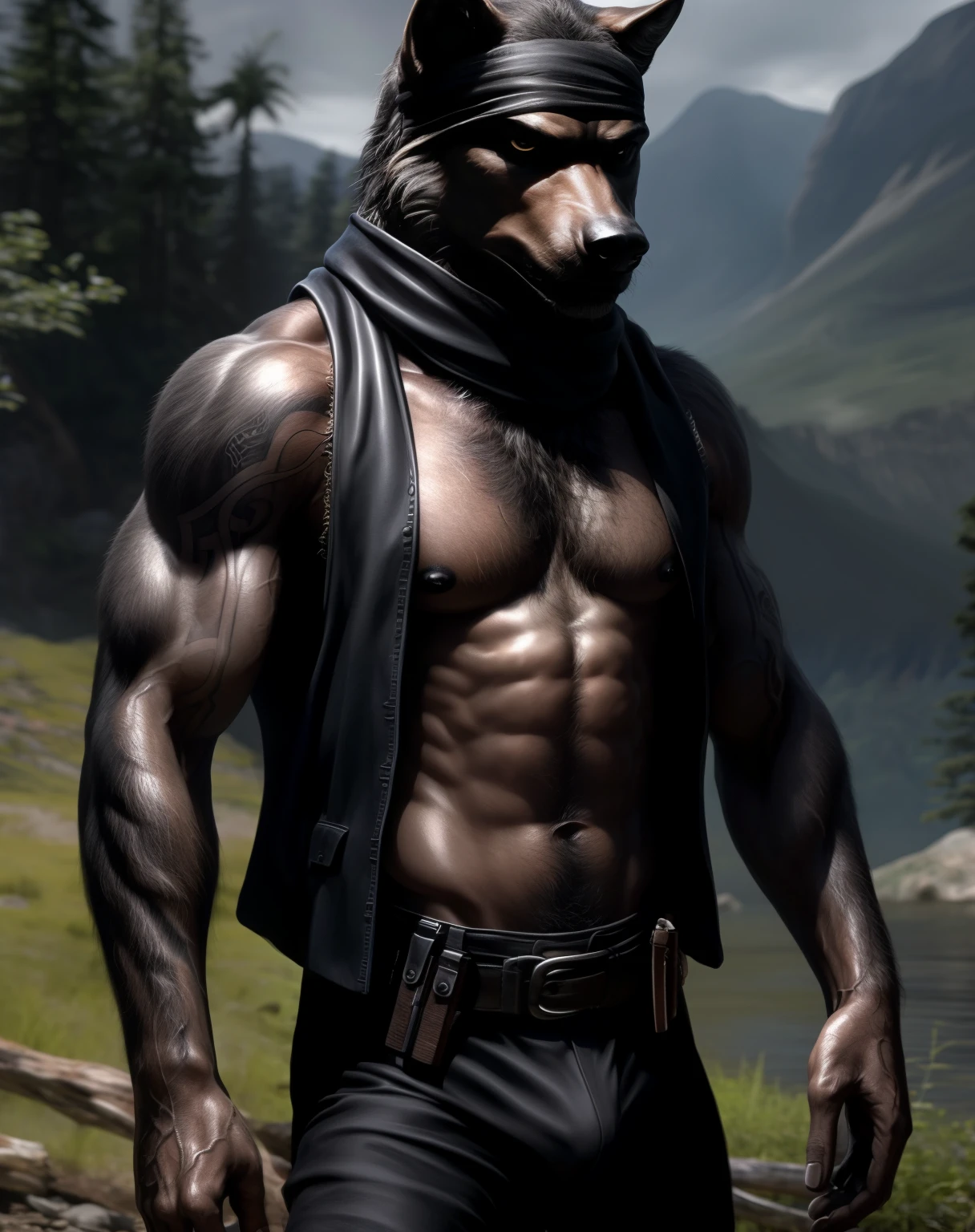 anthro, black wolf, solo, male, adult, veiny muscles, athletic skinny body, dark black pants, terrorist, bad guy, criminal, pirate, serious look, small eye, furred body, furry chest hair, deep dark brown skin, detailed background, wilderness background, clear weather, realistic, photorealistic, ultra realistic, 8k, bare-chested, black nipples, tight crotch, shirtless, utility belt, glistening skin, tattoo on torso, black scarf, black unbuttoned sleeveless vest