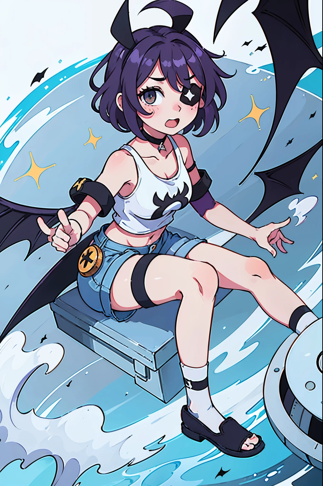 1girl, ultra hd, 4k, ahoge, open_mouth, eyepatch, rabbit_ears, bat_wings, choker, downblouse, denim_shorts, striped_legwear, slippers, floating, sparkle