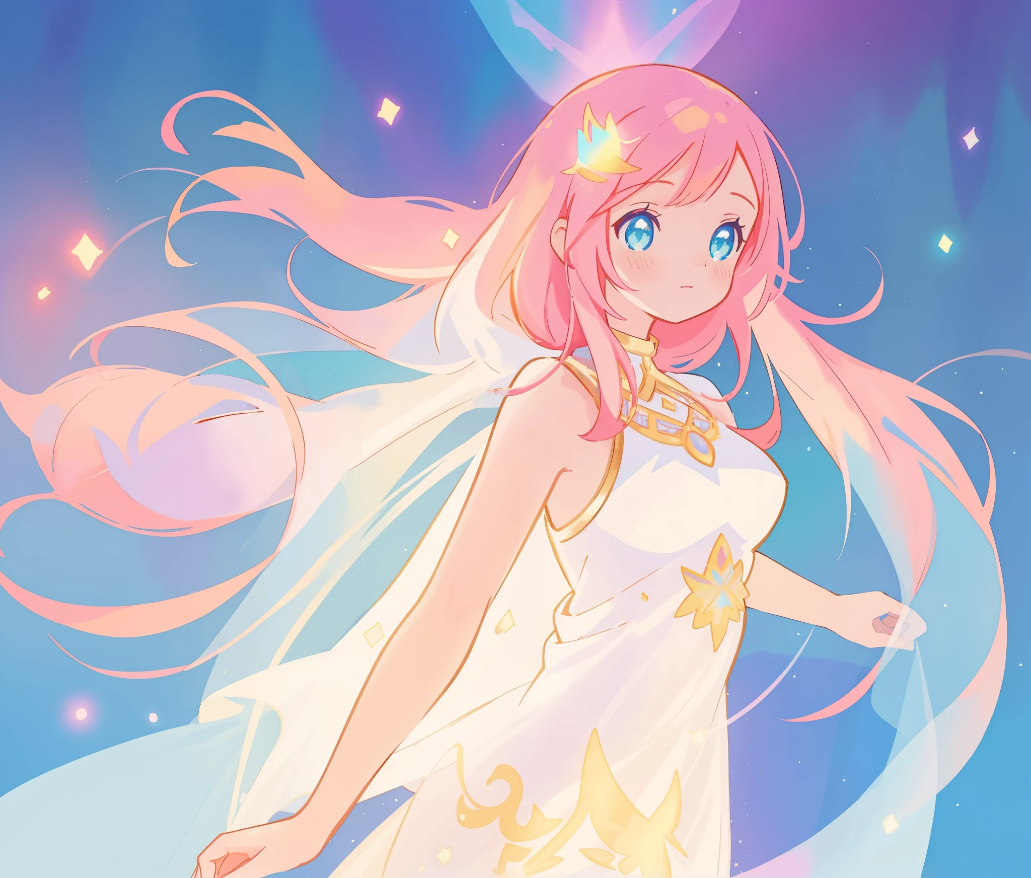 beautiful girl in white arabian two-piece dress, arabian princess, long colorful sparkling pink hair, watercolor illustration, Lois van Baarle, glowing aura around her, Glen Keane, jen bartel, glowing hair, beautiful digital illustration, fantasia background, beautiful, masterpiece, best quality, anime disney style, (detailed eyes), golden ratio, perfect composition