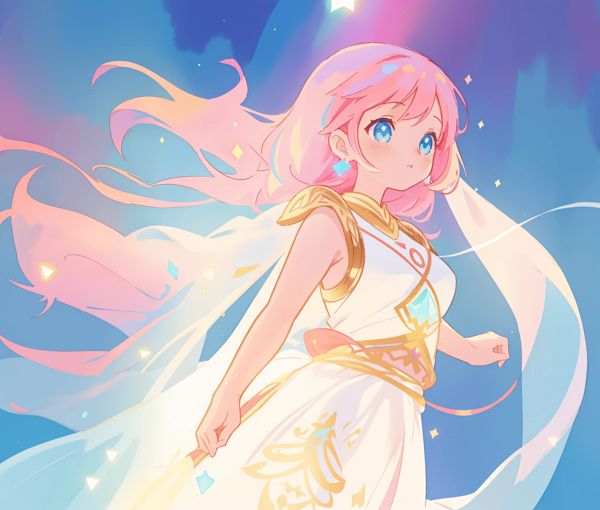 beautiful girl in white arabian two-piece dress, arabian princess, long colorful sparkling pink hair, watercolor illustration, Lois van Baarle, glowing aura around her, Glen Keane, jen bartel, glowing hair, beautiful digital illustration, fantasia background, beautiful, masterpiece, best quality, anime disney style, (detailed eyes), golden ratio, perfect composition