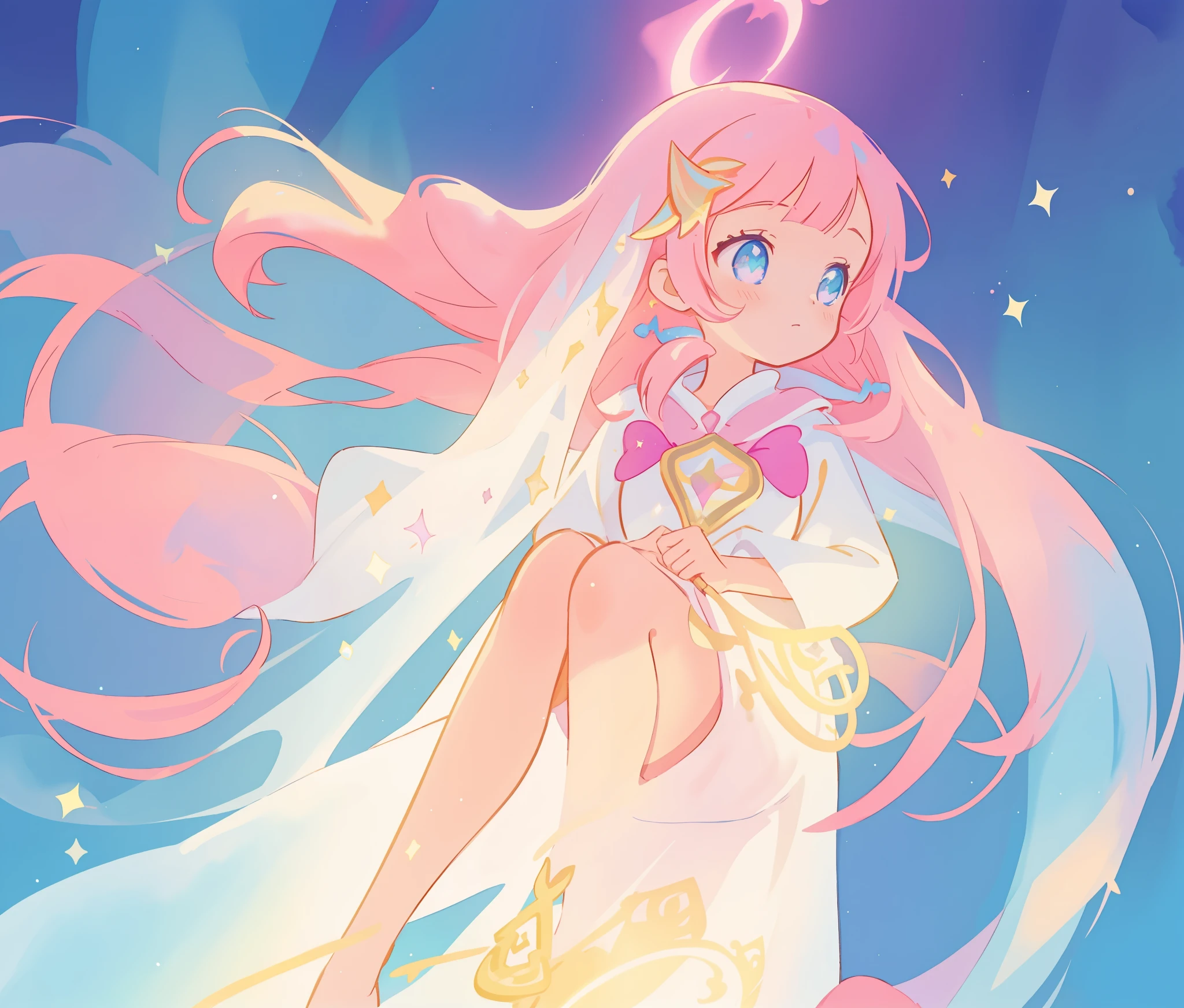 beautiful girl in white arabian two-piece dress, arabian princess, long colorful sparkling pink hair, watercolor illustration, Lois van Baarle, glowing aura around her, Glen Keane, jen bartel, glowing hair, beautiful digital illustration, fantasia background, beautiful, masterpiece, best quality, anime disney style, (detailed eyes), golden ratio, perfect composition