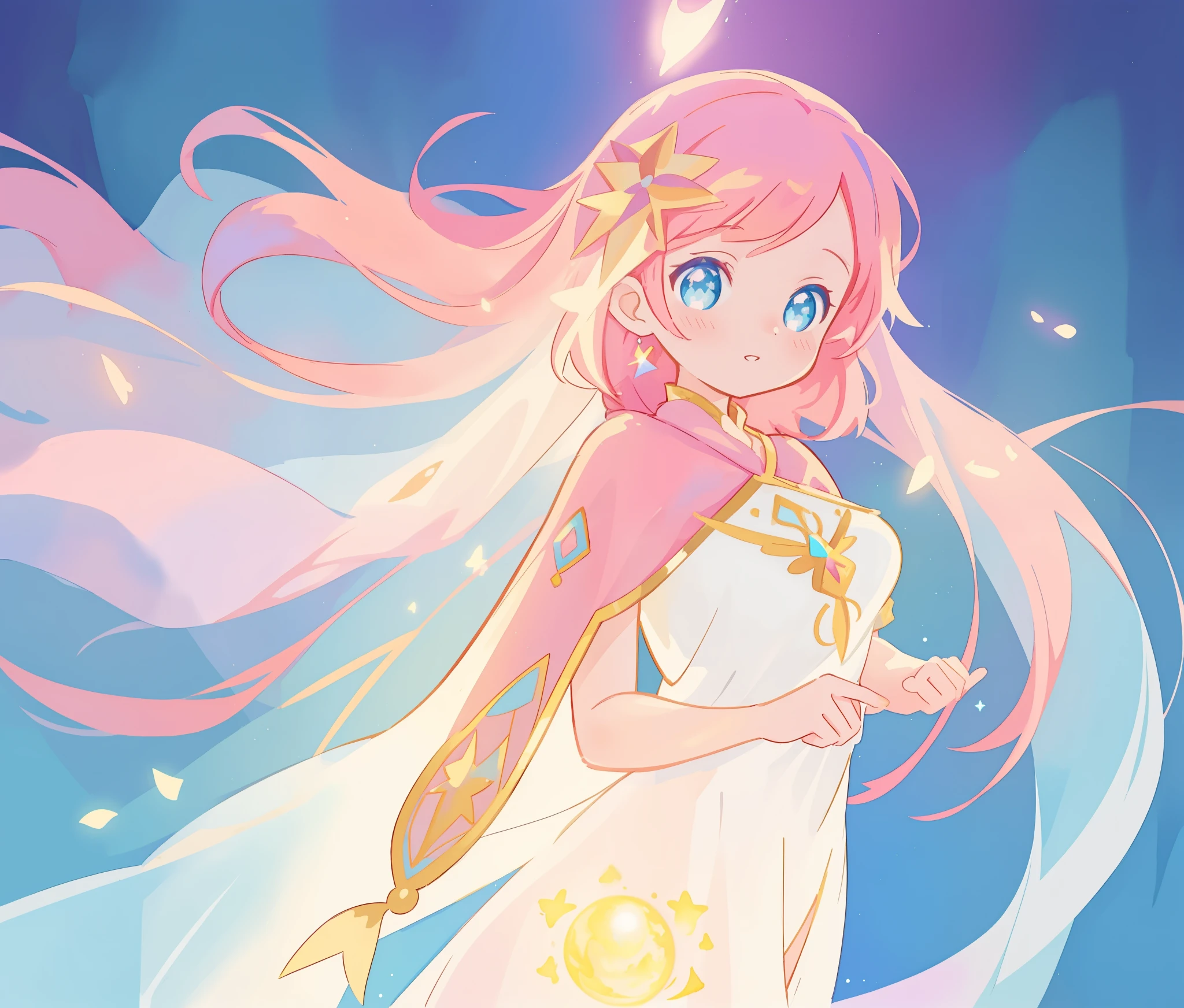 beautiful girl in white arabian two-piece dress, arabian princess, long colorful sparkling pink hair, watercolor illustration, Lois van Baarle, glowing aura around her, Glen Keane, jen bartel, glowing hair, beautiful digital illustration, fantasia background, beautiful, masterpiece, best quality, anime disney style, (detailed eyes), golden ratio, perfect composition