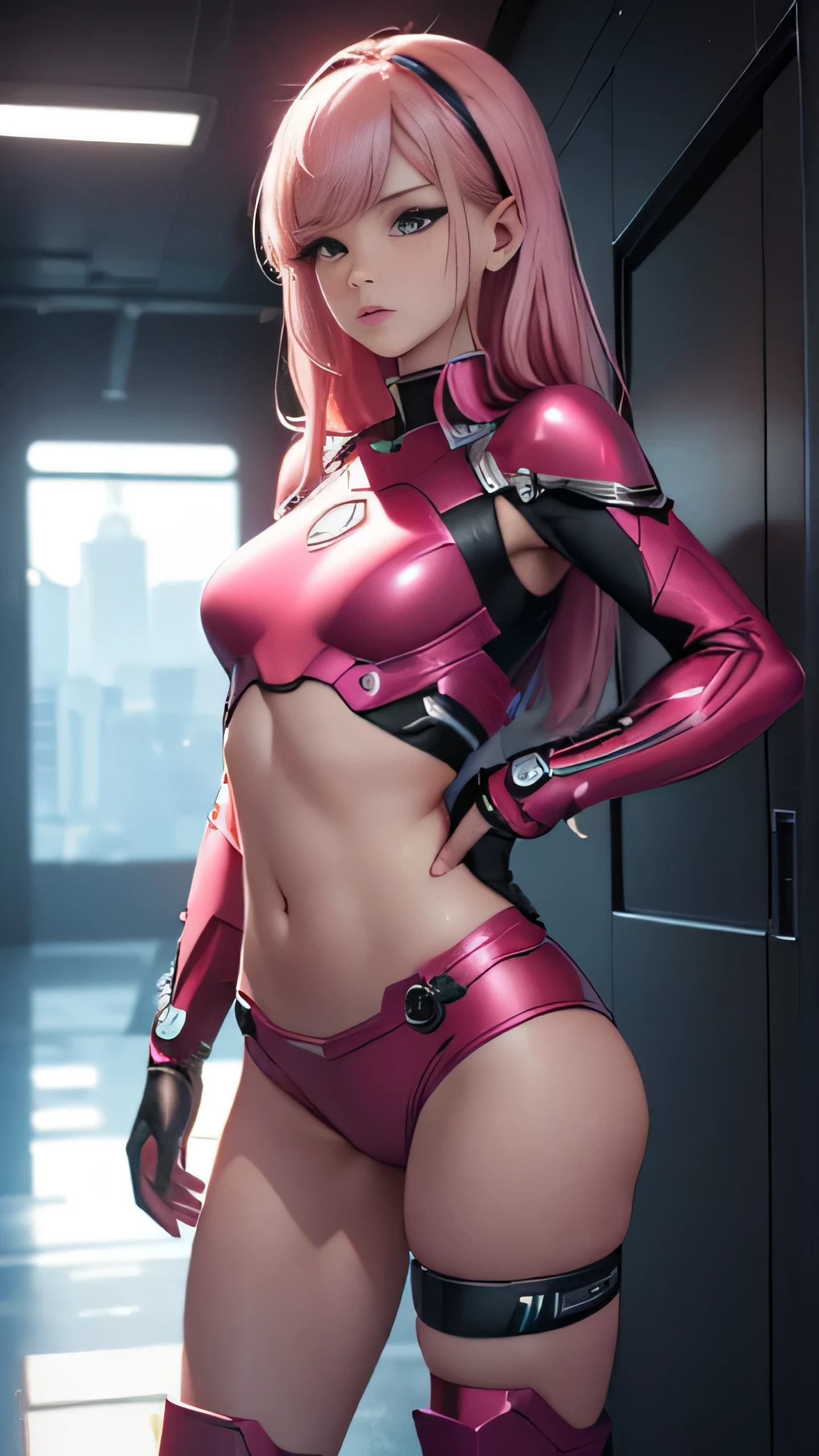 ((masterpiece, 8K, 3D, Realistic, Super Detail)), (1girl:1.3), slender , Ultra Micro photography, Super realistic, Perfect face, Beautiful features, ((Perfect female body)) Beautiful features, ( body), ((small hip)), Lisa Blackpink as Pink as ironman ((Exposed thigh)), Exposed Skin, Front Full body Shot, full body portrait, Back shot, futuristic city background