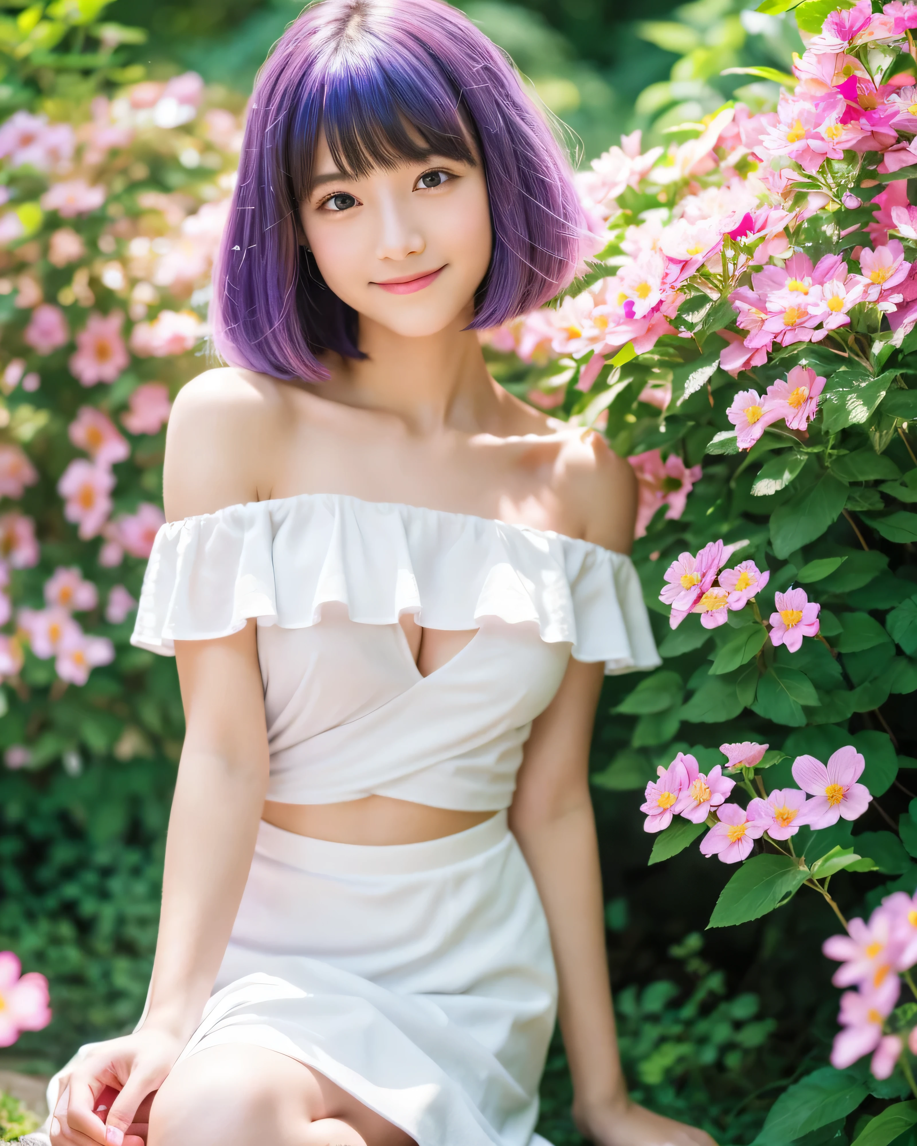(highest quality, 8k, High resolution, masterpiece:1.2), beautiful japanese girl, , (whole body:1.3), detailed purple hair, Beautiful bob cut, asymmetrical bangs, thin eyebrows, big magic eyes, High resolutionの潤んだ瞳孔, Light pink lip, smooth soft skin, natural makeup, gentle smile, white dress, off shoulder, mini skirt, Detailed and perfect clavicle, High resolutionで美しい胸元, ((plump breasts)), High resolutionの美しい脚, Rainbow Forest, (100+ colorful flowers:1.5), (100+ Colorful little birds:1.2), big and beautiful waterfall, fantasy, professional lighting, professional photographer