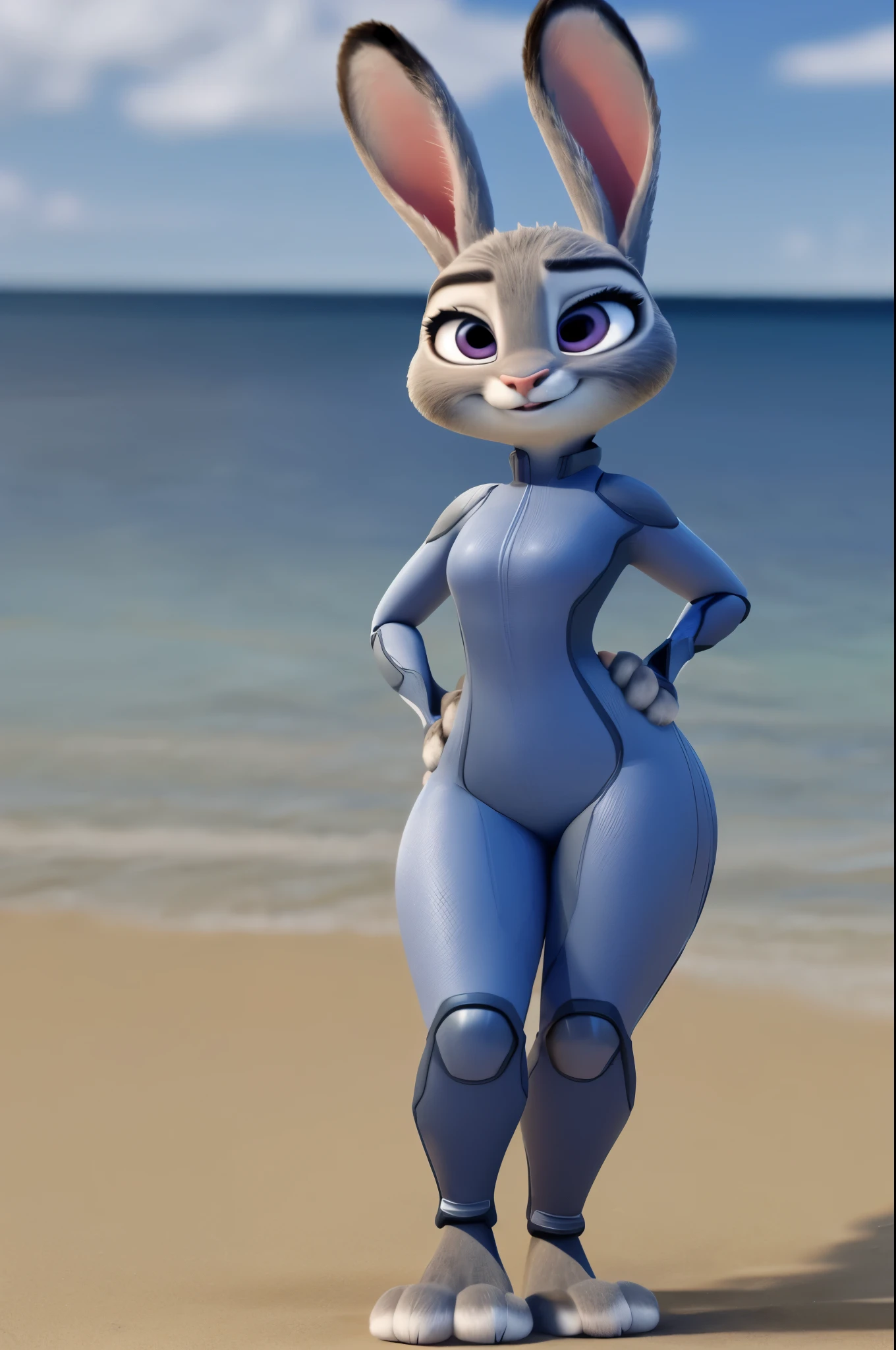 3d,8k,judy hopps,realistic fur,thick paws,swimsuit,thick thighs,standing,bright blue eyes,masterpiece HIFI,thick thighs