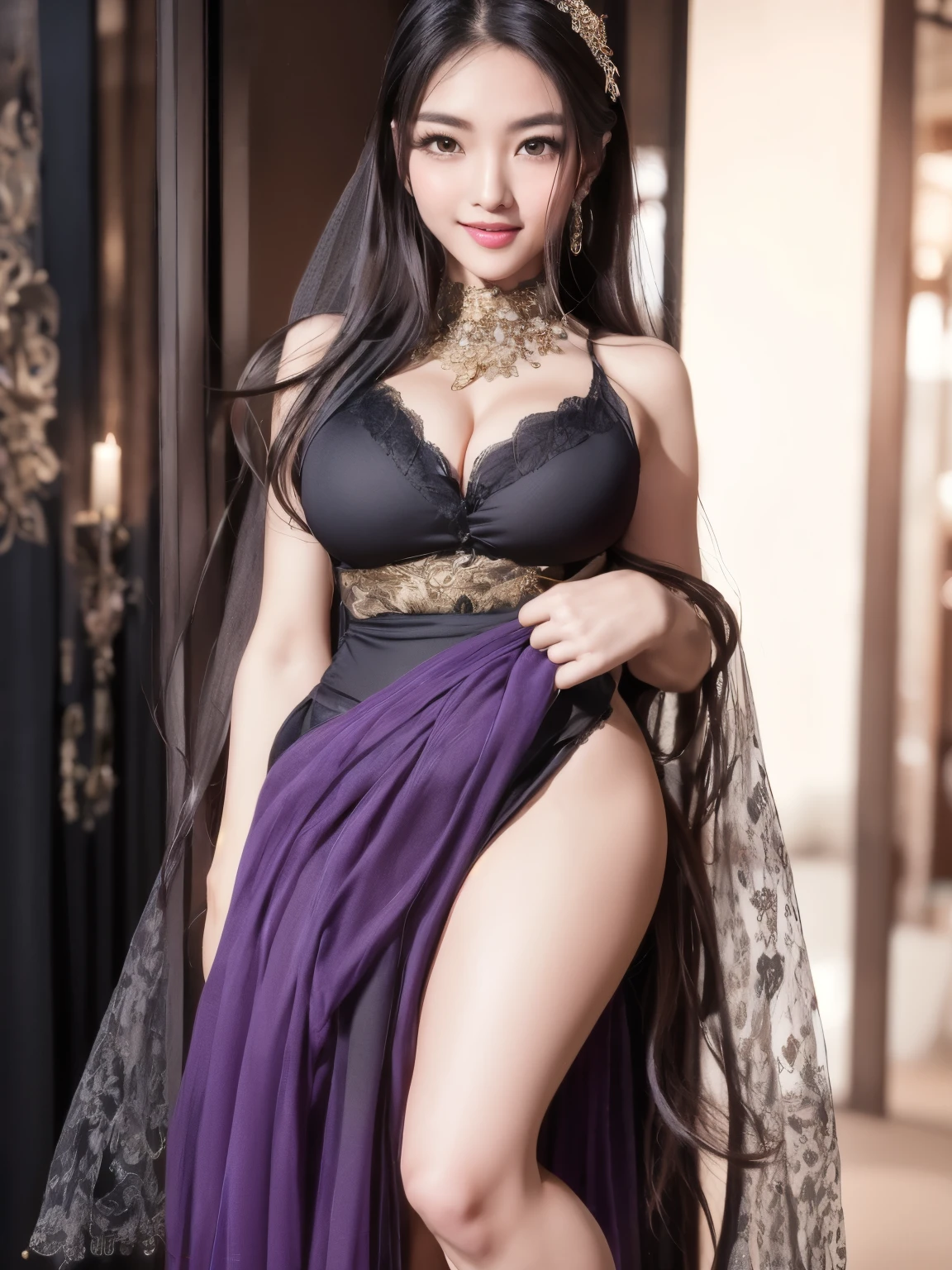 Full body close-up,long black curly hair,Highlight the unique style of West Asian beauties,Have plump curves and slender waist。White skin,Sexy and elegant figure,show gorgeous appearance,Bloom your charm。The big eyes reveal a clear and bright look,Excellent picture quality,Wearing traditional clothing of purple gold yarn,Demonstrate a unique visual style。indian princess,Wearing gorgeous jewelry,Wearing a purple and gold veil,Sit in the palace,Be careful not to cut the top of your head,Keep the header intact。