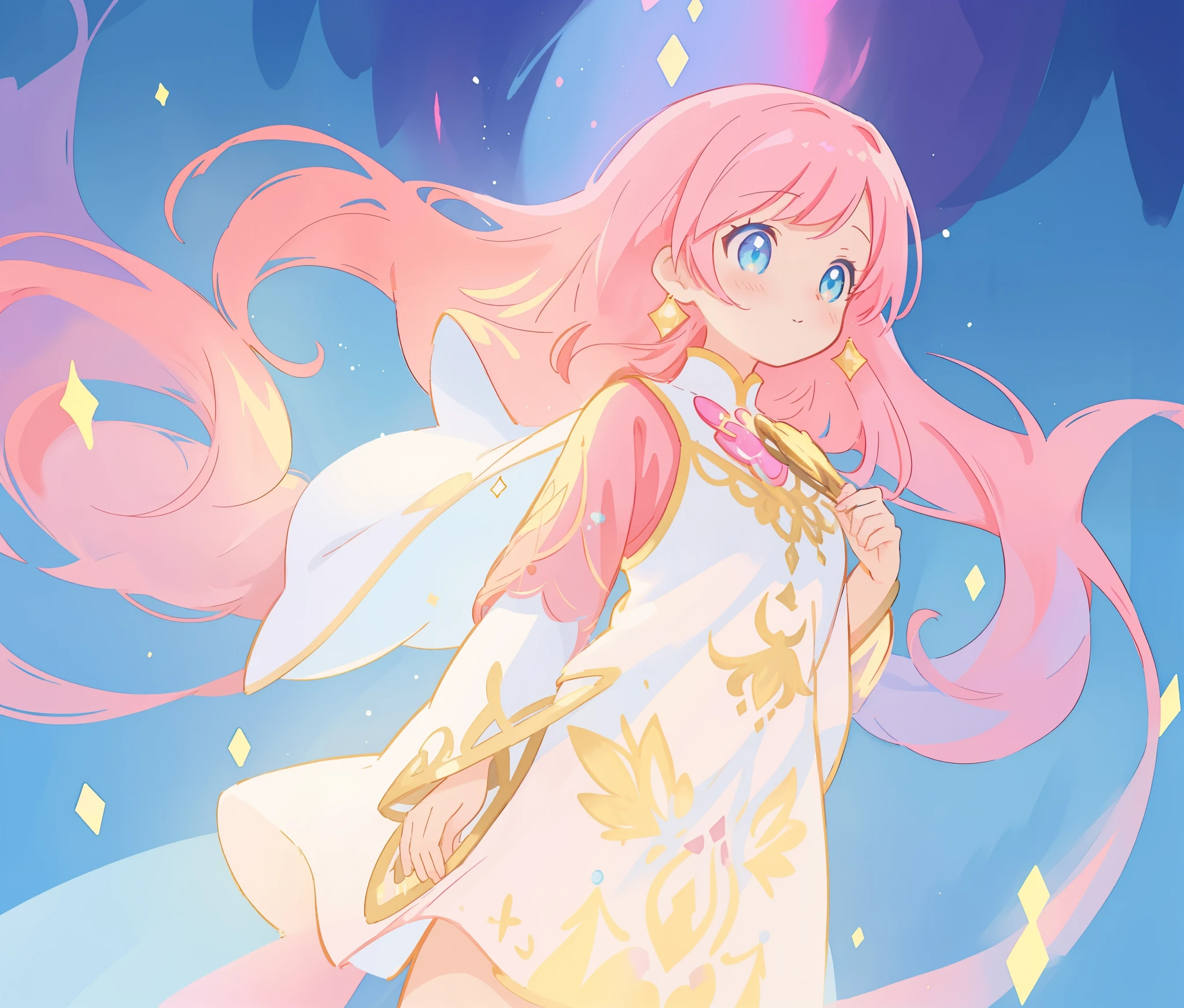beautiful girl in white arabian two-piece dress, arabian princess, long colorful sparkling pink hair, watercolor illustration, Lois van Baarle, glowing aura around her, Glen Keane, jen bartel, glowing hair, beautiful digital illustration, fantasia background, beautiful, masterpiece, best quality, anime disney style, (detailed eyes), golden ratio, perfect composition