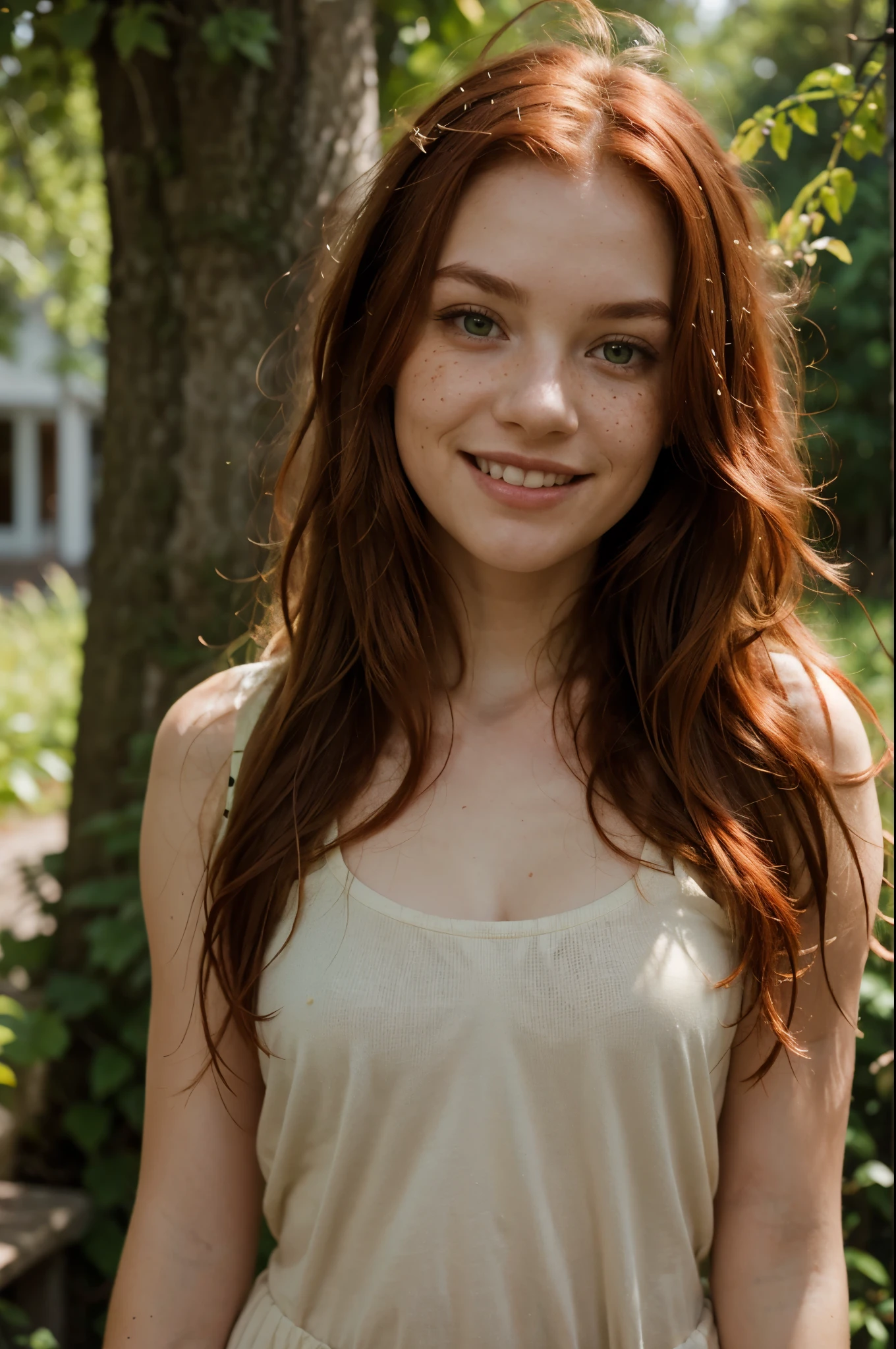 A serene photograph of the young skinny girl, ((red hair)), green eyes, wavy long hair, ginger hair, flowing ginger hair, freckles, smile, redhead girl standing amidst lush greenery, with the sunlight casting a soft, ethereal glow on their face.