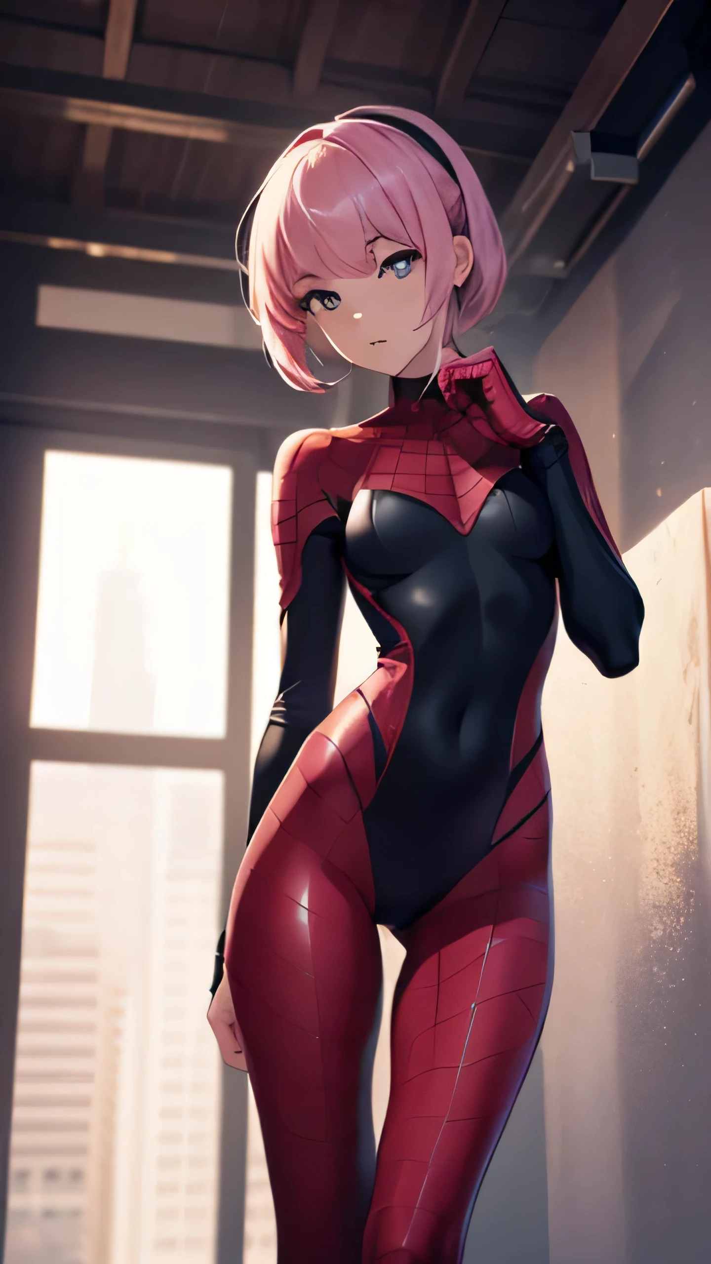 ((masterpiece, 8K, 3D, Realistic, Super Detail)), (1girl:1.3), slender 17 age, Ultra Micro photography, Super realistic, Perfect face, Beautiful features, ((Perfect female body)) Beautiful features, ( body), ((small hip)), Lisa Blackpink as Pink as Spiderman ((Exposed thigh)), Exposed Skin, Front Full body Shot, full body portrait, Showing Legs, futuristic city background