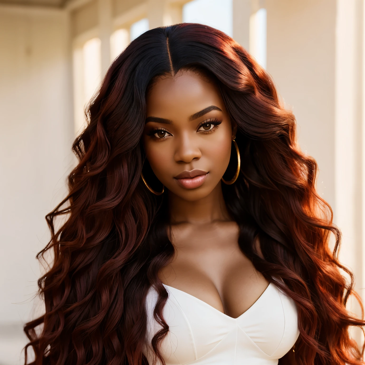 black women, red wavy hair with middle part, Brazilian hair, big lips, small lips, long lashes, fashion nova model, in the style of haunting elegance, warm day light, black woman, clear background, red and white