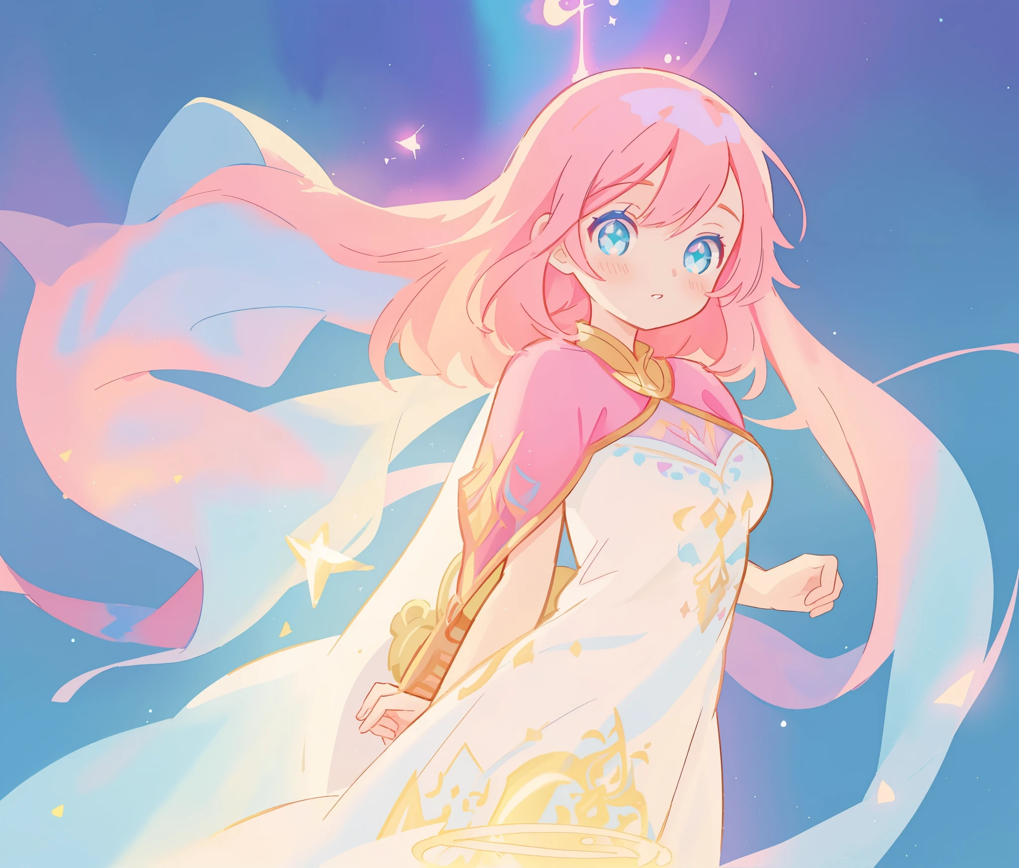 beautiful girl in white arabian two-piece dress, arabian princess, long colorful sparkling pink hair, watercolor illustration, Lois van Baarle, glowing aura around her, Glen Keane, jen bartel, glowing hair, beautiful digital illustration, fantasia background, beautiful, masterpiece, best quality, anime disney style, (detailed eyes), golden ratio, perfect composition