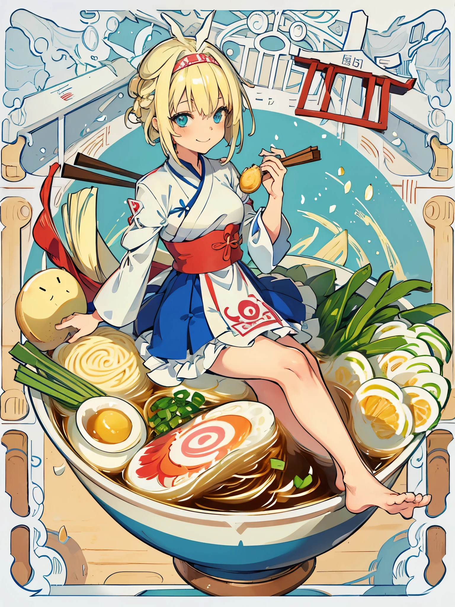 1girl,Allein,Blaue Augen,lange blonde Haare,vorne geflochten,Smile,Full body,Schenkel,medium breasts,traditionelle koreanische Kleidung,minigirl, in Lebensmitteln,in the container,in a ramen bowl,Suppe, Ramen, Nudeln,Ei,Fleisch,Spring onion,teilweise untergetaucht,Sweet,Dampf,koreanischer Hintergrund,keine Schuhe,eating from the bowl with chopsticks, ein Torii Gate im Hintergrund