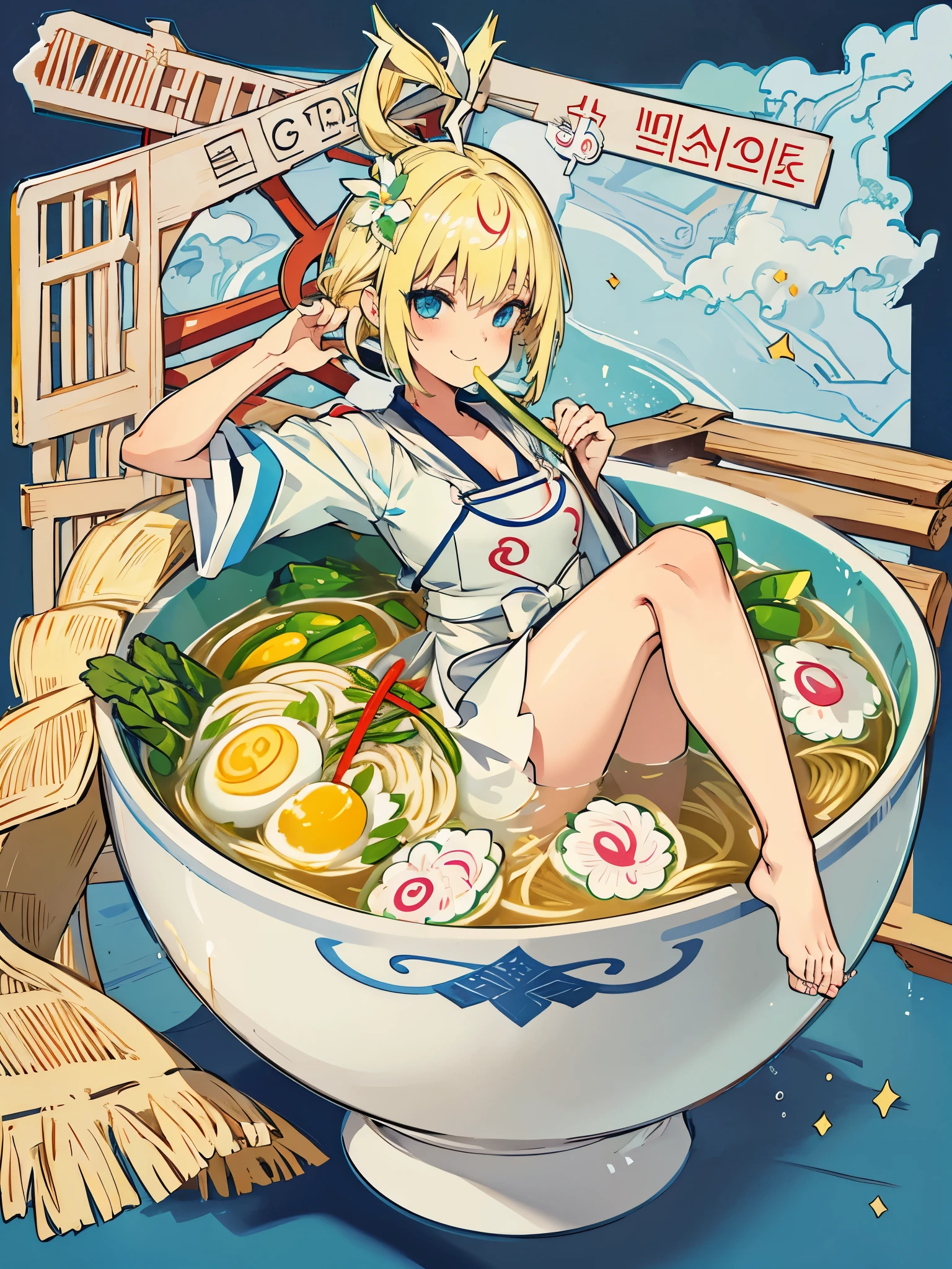 1girl,Allein,Blaue Augen,lange blonde Haare,vorne geflochten,Smile,Full body,Schenkel,medium breasts,traditionelle koreanische Kleidung,minigirl, in Lebensmitteln,in the container,in a ramen bowl,Suppe, Ramen, Nudeln,Ei,Fleisch,Spring onion,teilweise untergetaucht,Sweet,Dampf,koreanischer Hintergrund,keine Schuhe,eating from the bowl with chopsticks, ein Torii Gate im Hintergrund