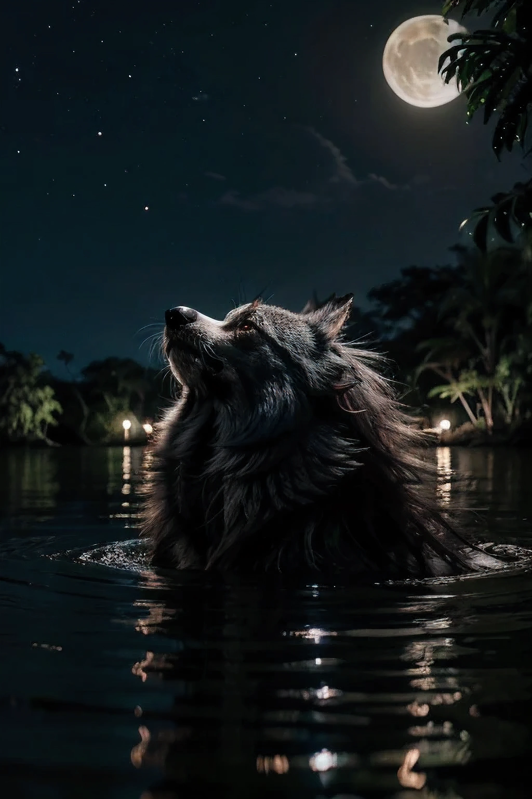 lobo preto de olhos vermelhos assustador em uma selva escura e sombria de noite de lua cheia e o lobo esta na frente de uma lago escuro e misterioso