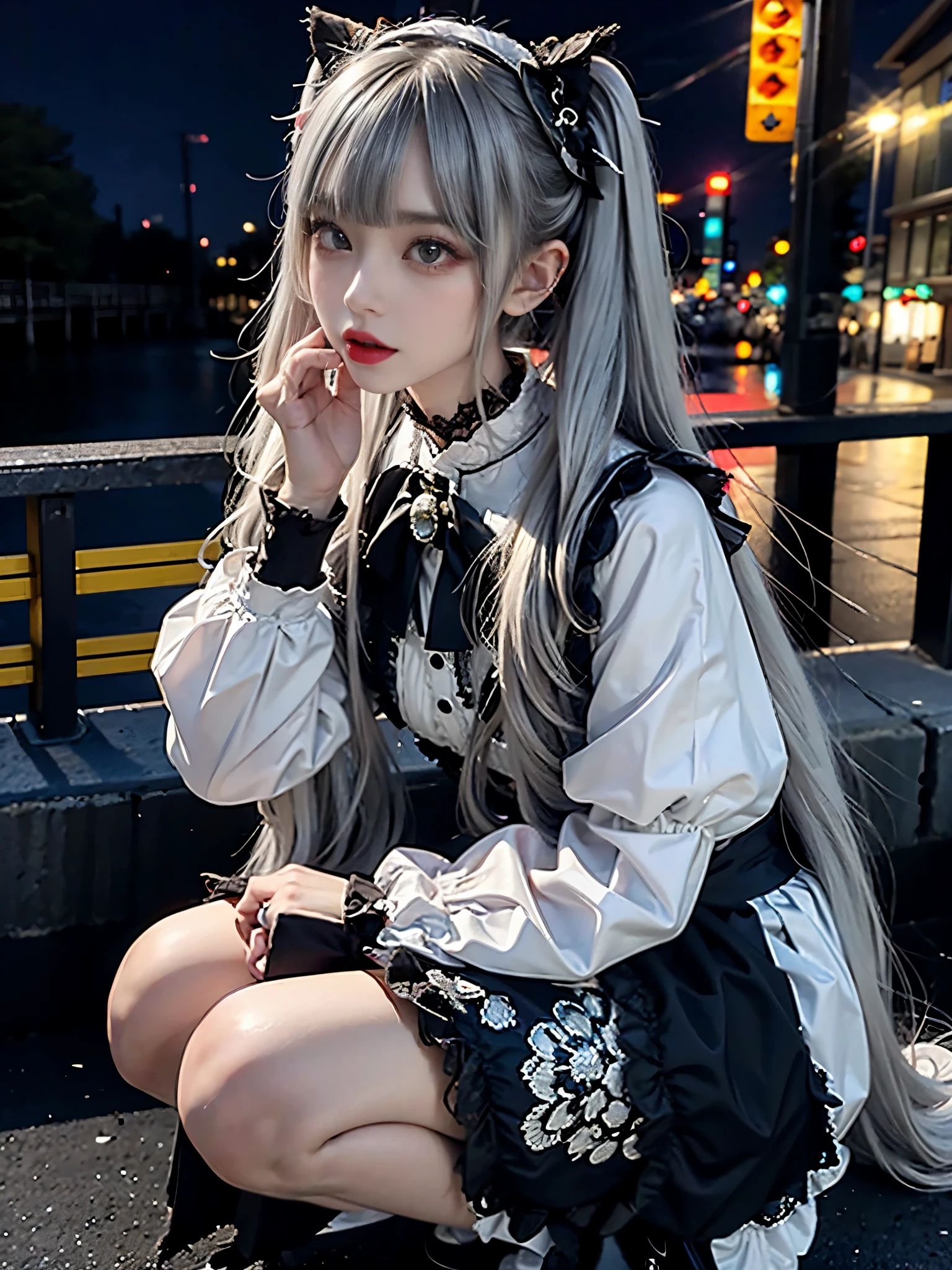 RAW photo, 8k, (highest quality), realistic, (real picture, intricate details), (natural skin texture, fine skin, hyper realism, sharpness), (Japanese teenage girl squatting Japanese teenage girl squatting in a downtown area at night, neon light), ((black and white maid costume, lolita fashion, gothic fashion), (slender body, white skin:1.2), ((gray hair, twin tail hairstyle, dull bangs)), (Glasses, provocative look, parted lips:1.3, eye shadow, eyeliner, tear bag:1.3, red lips), at night, spot lighting:1.3