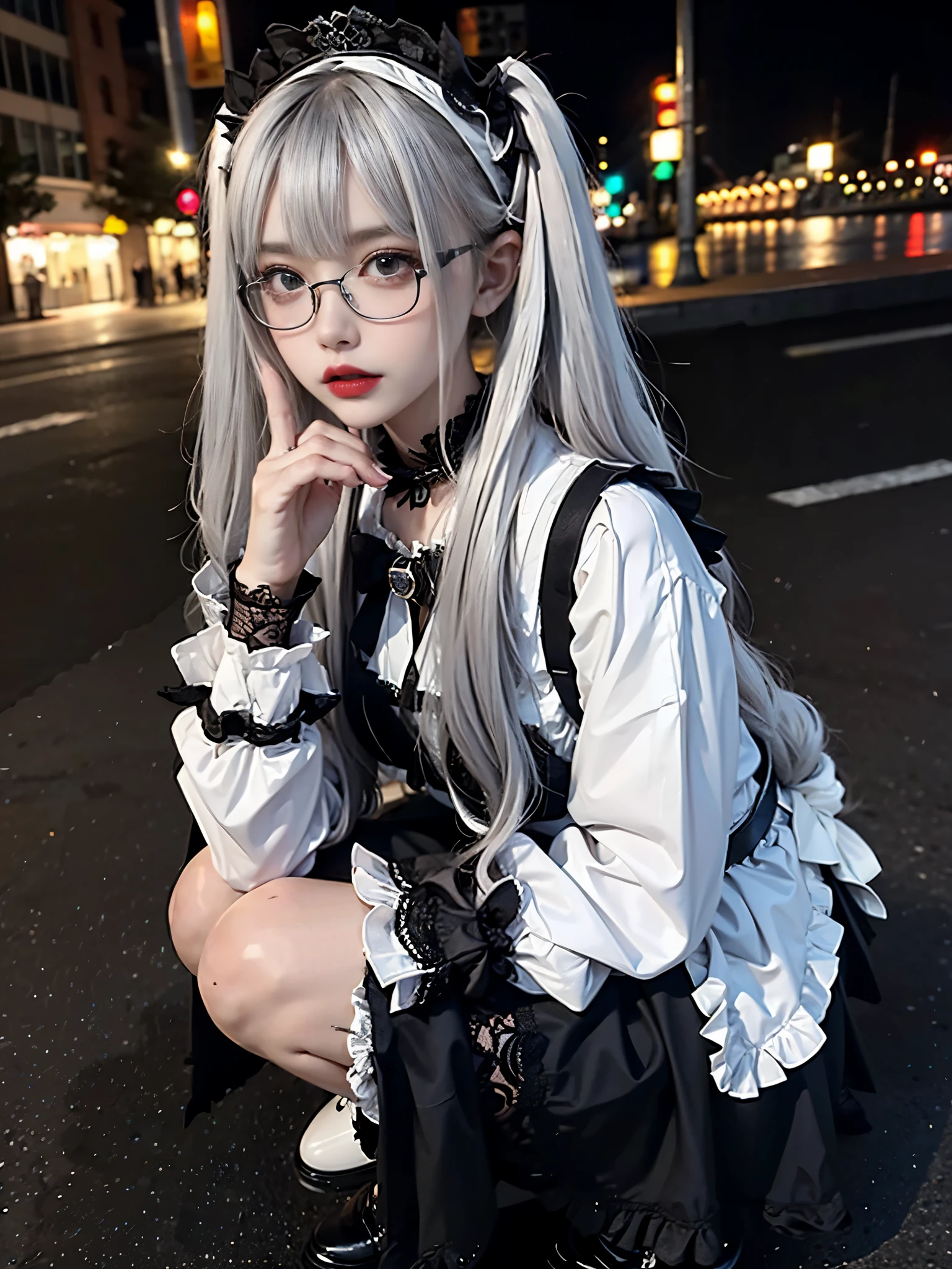 RAW photo, 8k, (highest quality), realistic, (real picture, intricate details), (natural skin texture, fine skin, hyper realism, sharpness), (Japanese teenage girl squatting Japanese teenage girl squatting in a downtown area at night, neon light), ((black and white maid costume, lolita fashion, gothic fashion), (slender body, white skin:1.2), ((gray hair, twin tail hairstyle, dull bangs)), (Glasses, provocative look, parted lips:1.3, eye shadow, eyeliner, tear bag:1.3, red lips), at night, spot lighting:1.3