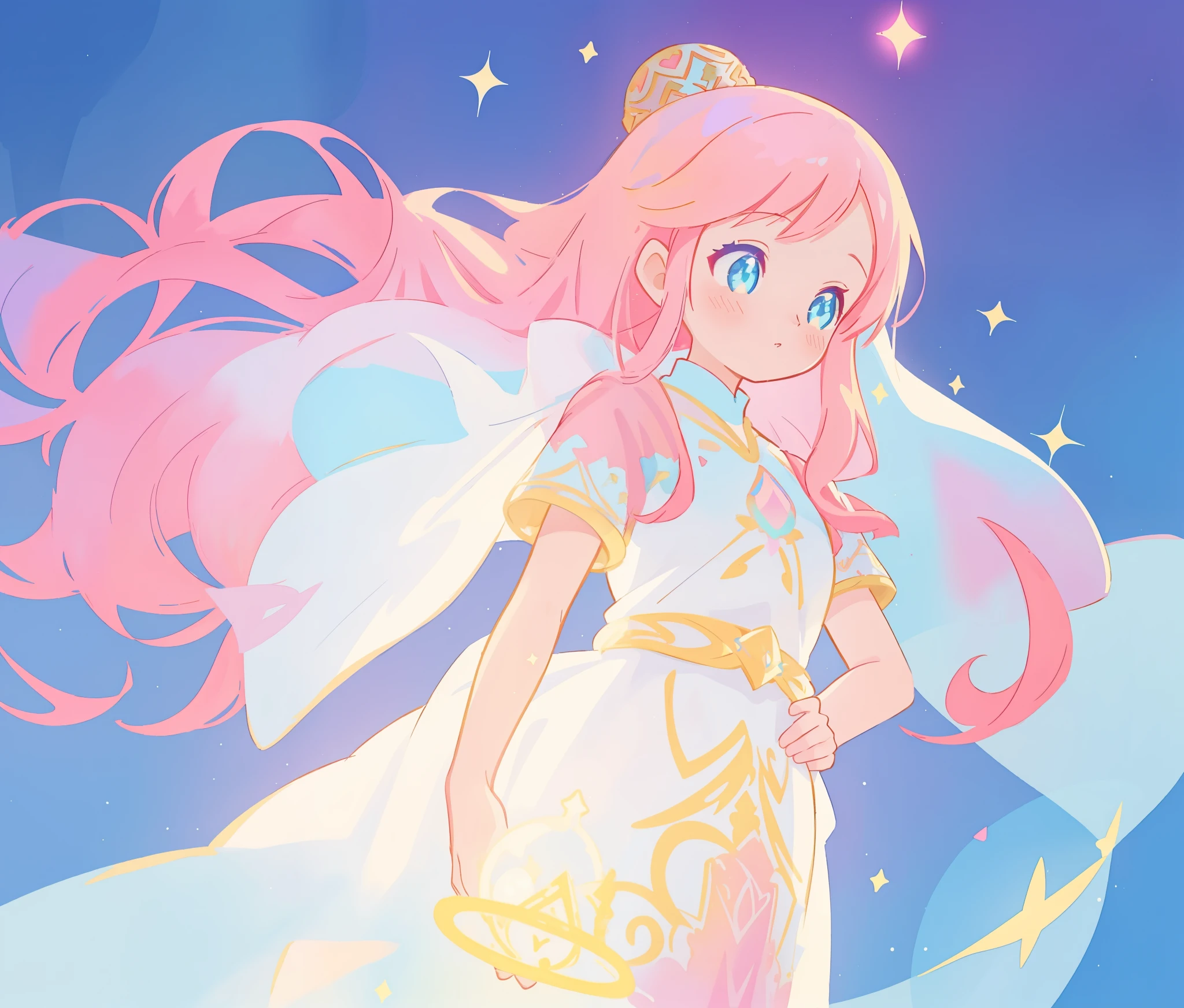 beautiful girl in white arabian two-piece dress, arabian princess, long colorful sparkling pink hair, watercolor illustration, Lois van Baarle, glowing aura around her, Glen Keane, jen bartel, glowing hair, beautiful digital illustration, fantasia background, beautiful, masterpiece, best quality, anime disney style, (detailed eyes), golden ratio, perfect composition