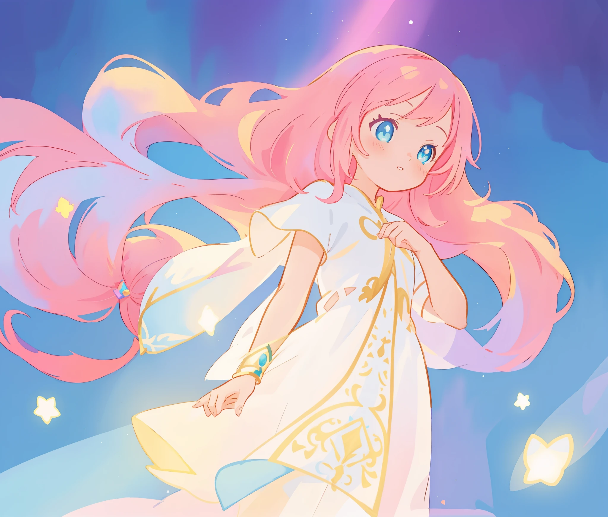 beautiful girl in white arabian two-piece dress, arabian princess, long colorful sparkling pink hair, watercolor illustration, Lois van Baarle, glowing aura around her, Glen Keane, jen bartel, glowing hair, beautiful digital illustration, fantasia background, beautiful, masterpiece, best quality, anime disney style, (detailed eyes), golden ratio, perfect composition