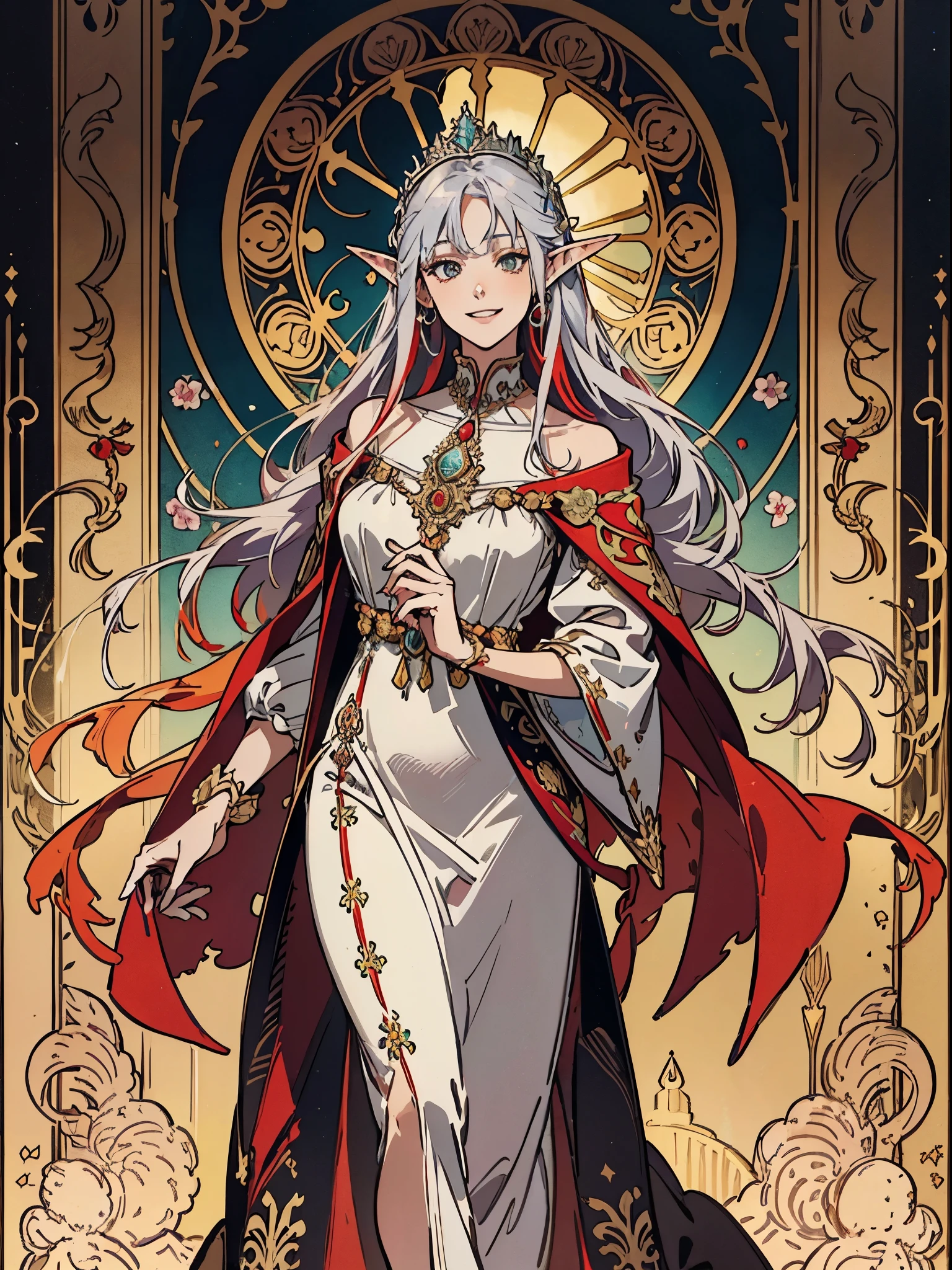 (Flat color:1.1),(Colorful:1.3),(Masterpiece:1.2), tarot: princess, sexy, sensual, mischievous, pointed elven ears, Best quality, Masterpiece, Original, 1 girl, long silver hair, ((red dress)),red silk, ((smile revealing teeth)), Full body photo of woman,Very detailed wallpaper, Solo,pearls, extravagant setting,tarot card layout,Best quality, Masterpiece, (Realistic:0.6), Realistic lighting,Flower frame, Decorative panels, abstract artistic, Alphonse Mucha (tmasterpiece, best qualtiy, A high resolution: 1.4), A detailed, Complicated details, 4K,cerulean, Line art, Fibonacci