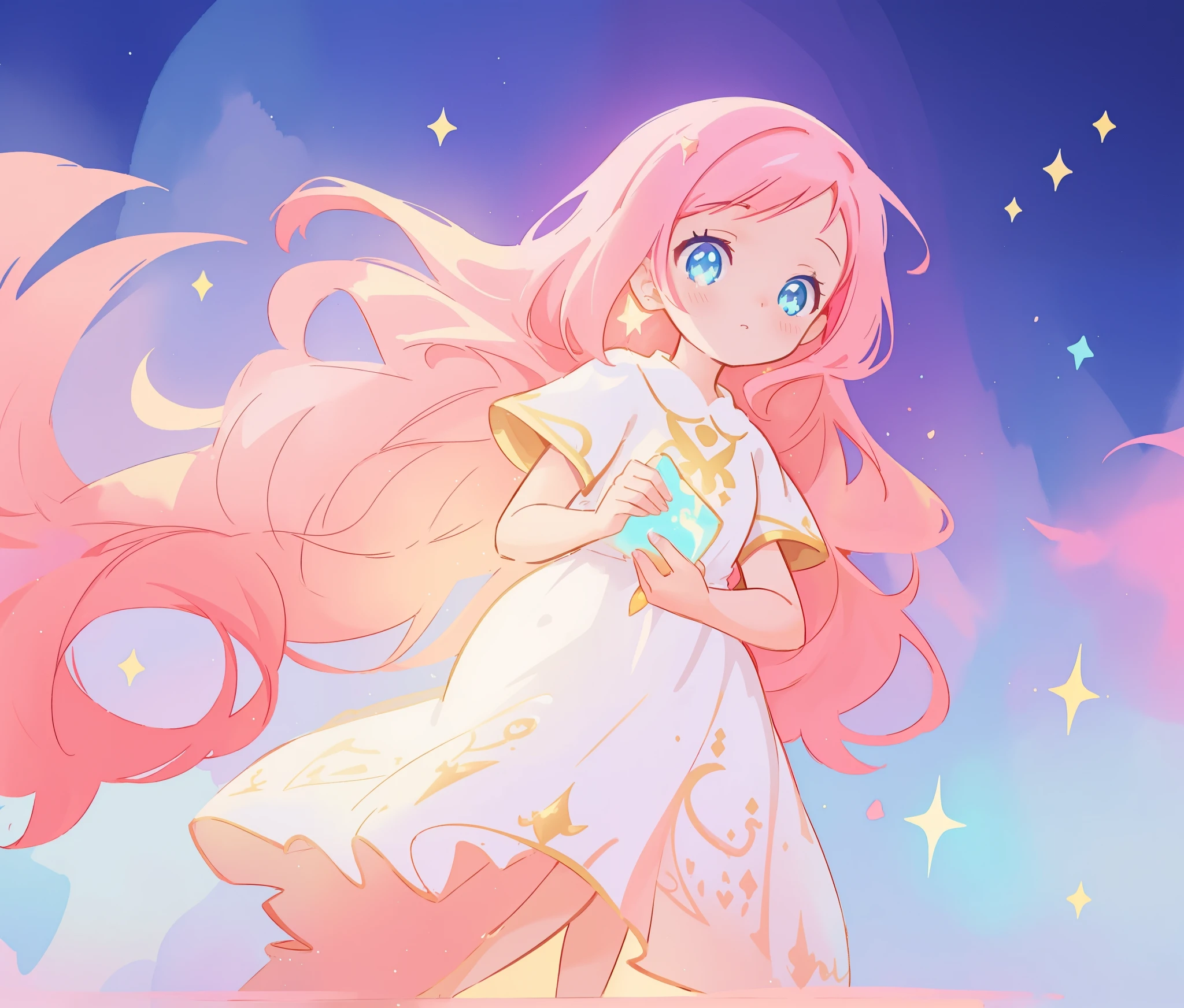 beautiful girl in white arabian two-piece dress, arabian princess, long colorful sparkling pink hair, watercolor illustration, Lois van Baarle, glowing aura around her, Glen Keane, jen bartel, glowing hair, beautiful digital illustration, fantasia background, beautiful, masterpiece, best quality, anime disney style, (detailed eyes), golden ratio, perfect composition