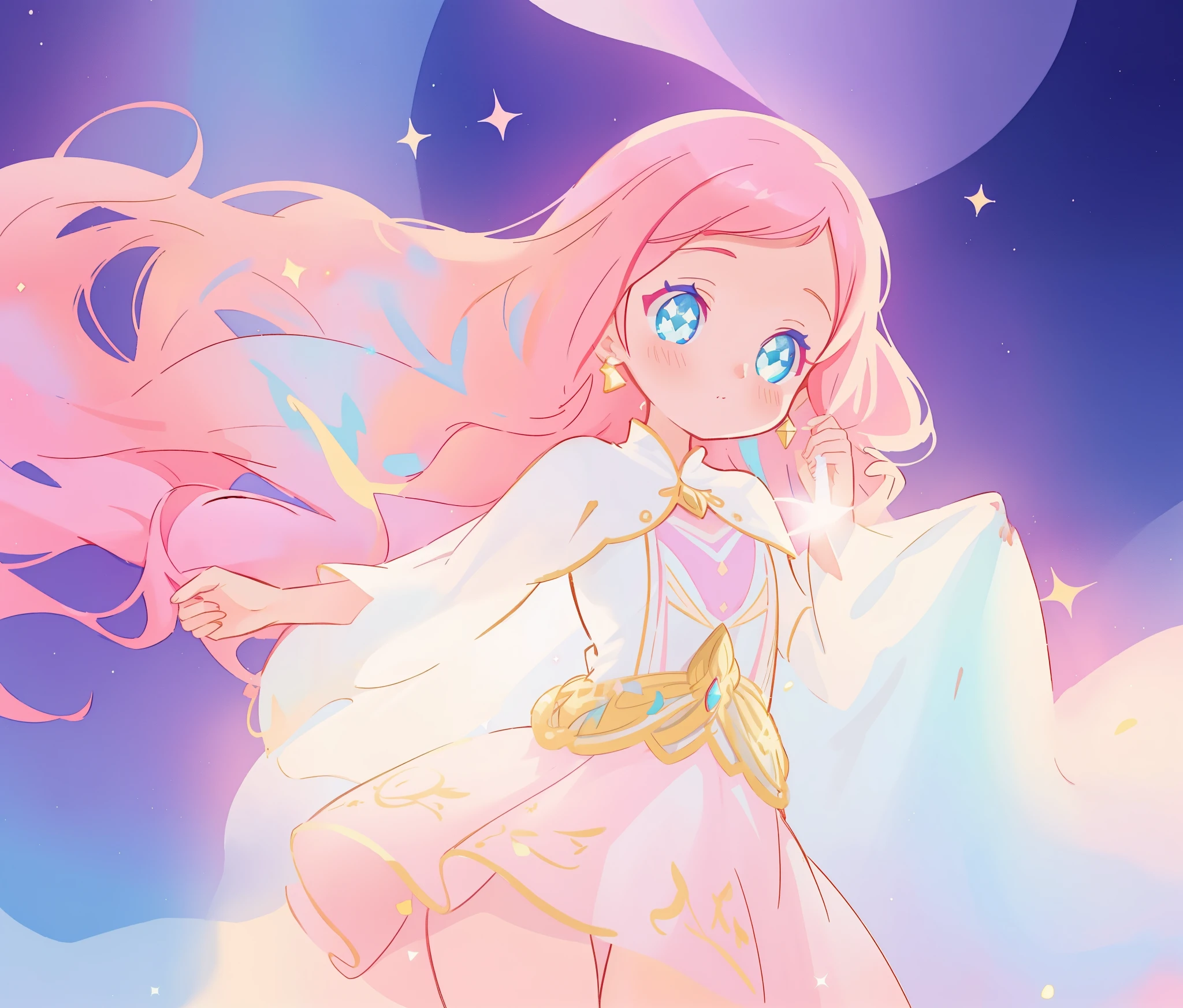 beautiful girl in white arabian two-piece dress, arabian princess, long colorful sparkling pink hair, watercolor illustration, Lois van Baarle, glowing aura around her, Glen Keane, jen bartel, glowing hair, beautiful digital illustration, fantasia background, beautiful, masterpiece, best quality, anime disney style, (detailed eyes), golden ratio, perfect composition