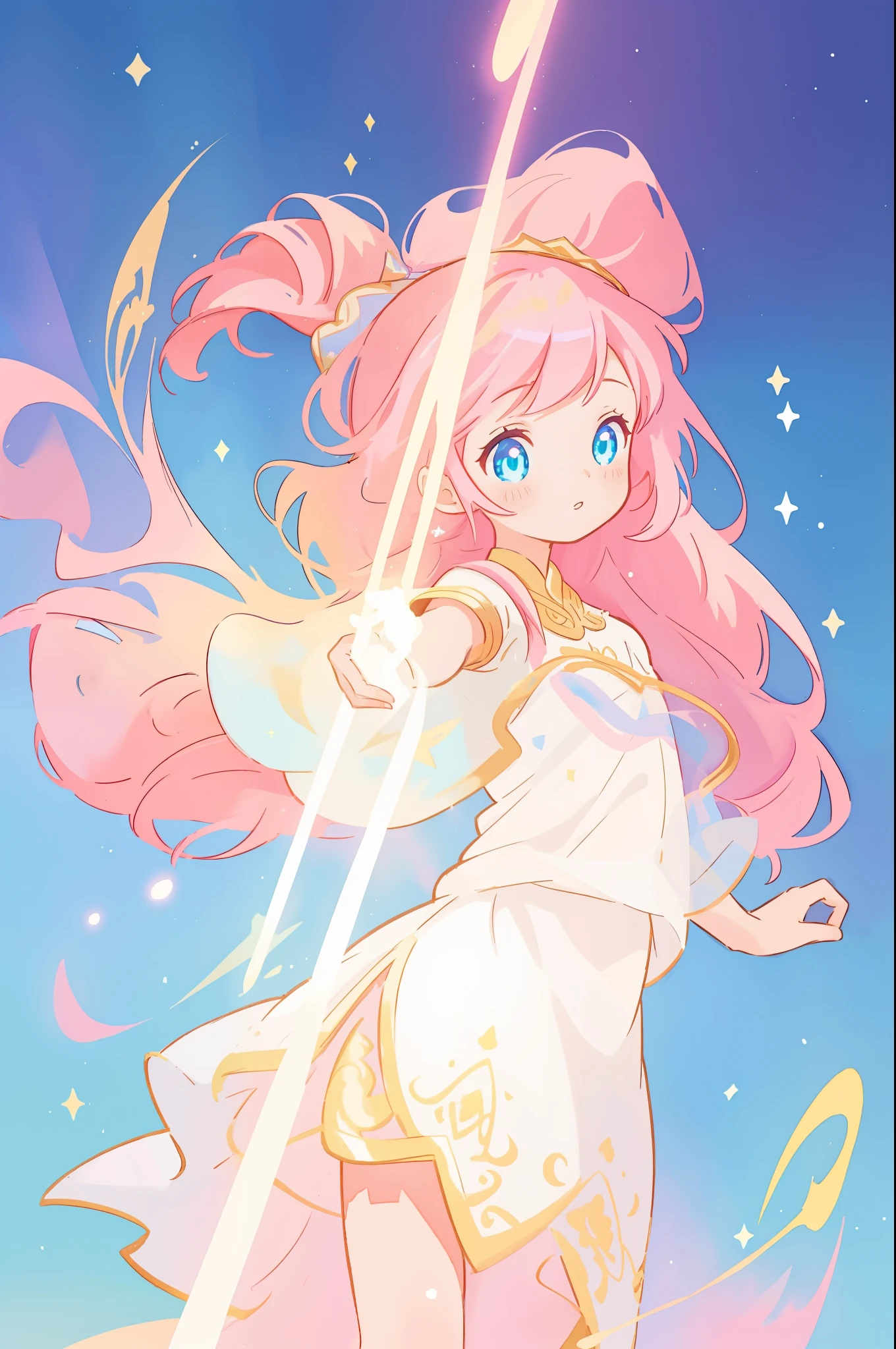 beautiful girl in white arabian two-piece dress, arabian princess, long colorful sparkling pink hair, watercolor illustration, Lois van Baarle, glowing aura around her, Glen Keane, jen bartel, glowing hair, beautiful digital illustration, fantasia background, beautiful, masterpiece, best quality, anime disney style, (detailed eyes), golden ratio, perfect composition