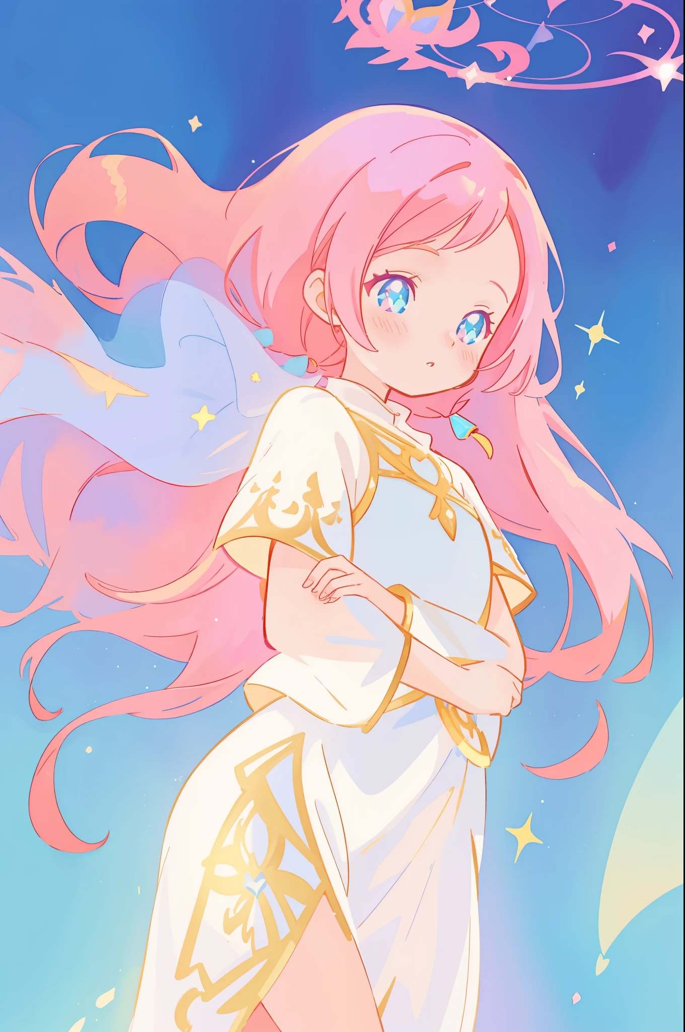 beautiful girl in white arabian two-piece dress, arabian princess, long colorful sparkling pink hair, watercolor illustration, Lois van Baarle, glowing aura around her, Glen Keane, jen bartel, glowing hair, beautiful digital illustration, fantasia background, beautiful, masterpiece, best quality, anime disney style, (detailed eyes), golden ratio, perfect composition
