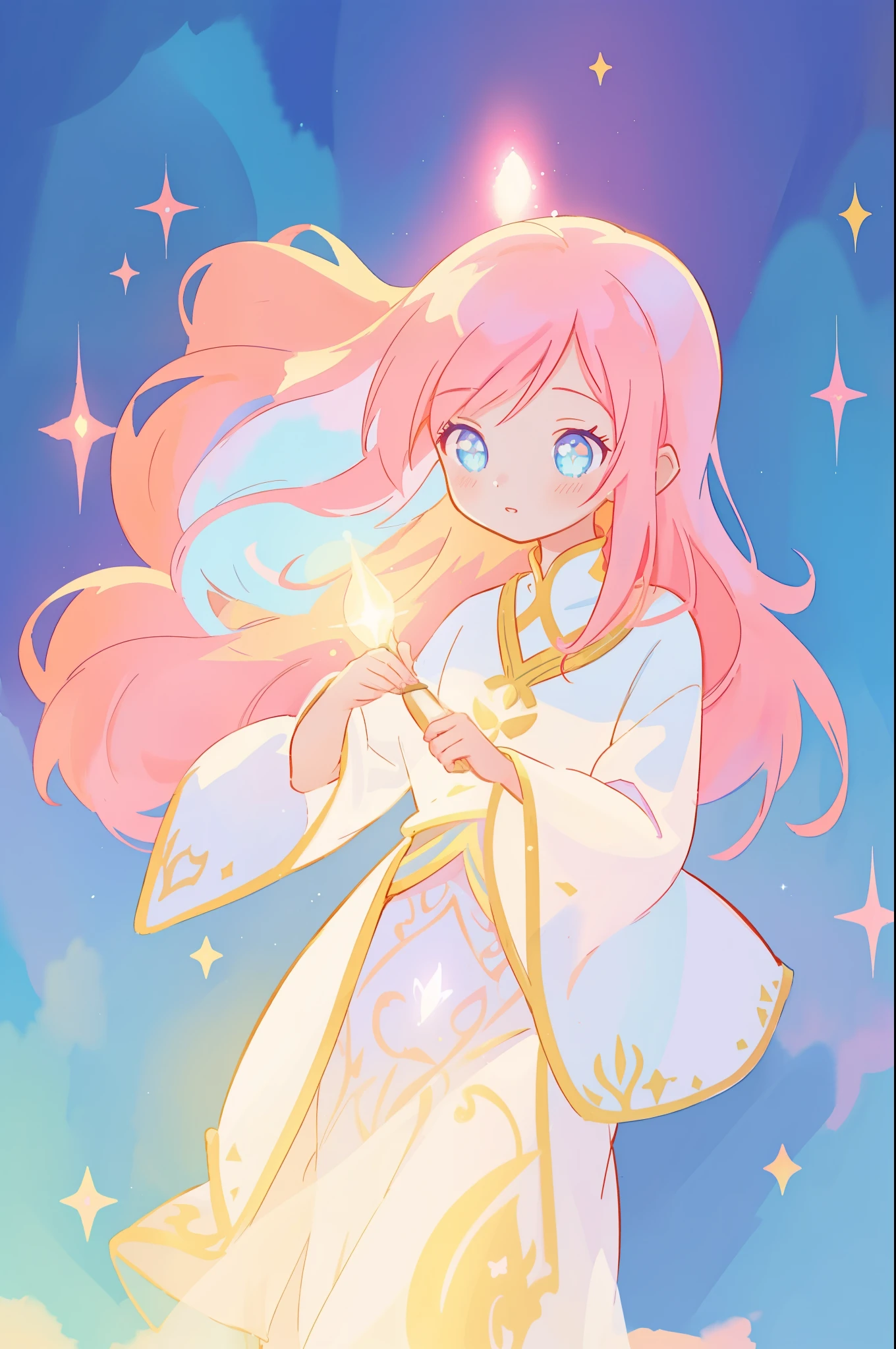 beautiful girl in white arabian two-piece dress, arabian princess, long colorful sparkling pink hair, watercolor illustration, Lois van Baarle, glowing aura around her, Glen Keane, jen bartel, glowing hair, beautiful digital illustration, fantasia background, beautiful, masterpiece, best quality, anime disney style, (detailed eyes), golden ratio, perfect composition
