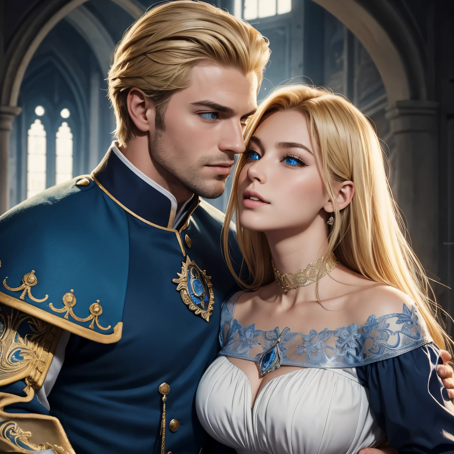 (best quality,highres,ultradetailliert,Realistisch),portrait,Malerei,Illustration,Blauer Hintergrund,dramatische Beleuchtung,romantisch,sinnlich,Leidenschaftlich,Bilderbuch,Royalty,Fairy tale,Liebe,umarmen,Kuss,zarte Details,Welliges Haar, Man with muscular arms and neck, mann blond ,tall and strong,blaue Augen,Charming smile,Prinzessin mit wallendem goldenem Haar und blauen Augen,curvy figure with wide hips,attractive 85D breasts, The man is very masculine, mann kurzhaarig und sehr blond, kisses her tenderly,
- This prompt describes a portrait of a man Kissing a woman - make sure to use(tag:Intensity)Annotates keywords grammatically,以控制其重要性和Intensity
- 确保prompt的各个部分遵循指定顺序,um qualitativ hochwertige Bilder zu erstellen