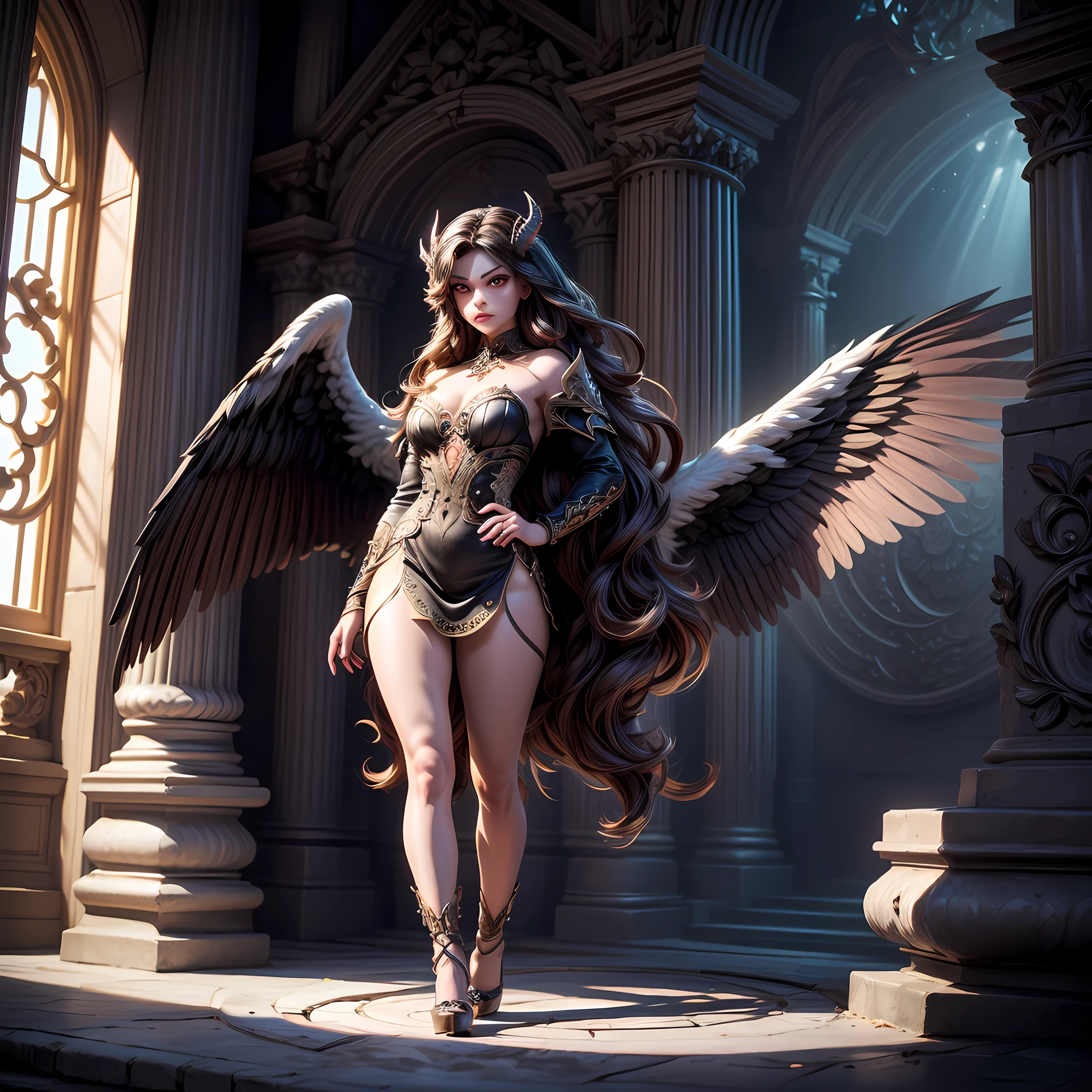 fantasy art, RPG art [[a picture of 2 women]], , a female angel (Masterpiece, intricate details), wearing dress, pale skin, best details beautiful face (Masterpiece, intricate details), blond hair, long hair wavy hair (Masterpiece,  intricate details), blue eyes, high heeled boots, wearing a dresasterpiece, intricate details), large angelic wings, white angelic wings spread [AND] a female demon (Masterpiece, 1.3, intricate details), demon, red skin (Masterpiece,  intricate details), demonic wings, black demonic wings spread, demonic hornasterpiece), red skin (Masterpiece), black hair, red eyes, best details beautiful face (Masterpiece, intricate details), wearing a dressier piece: 1.3, intricate details), high heels, in the border between heaven and hell, moon, stars, clouds, god rays, soft natural light silhouette, dynamic angle, photorealism, panoramic view (Masterpiece 1.3, intense details) , Wide-Angle, Ultra Wide