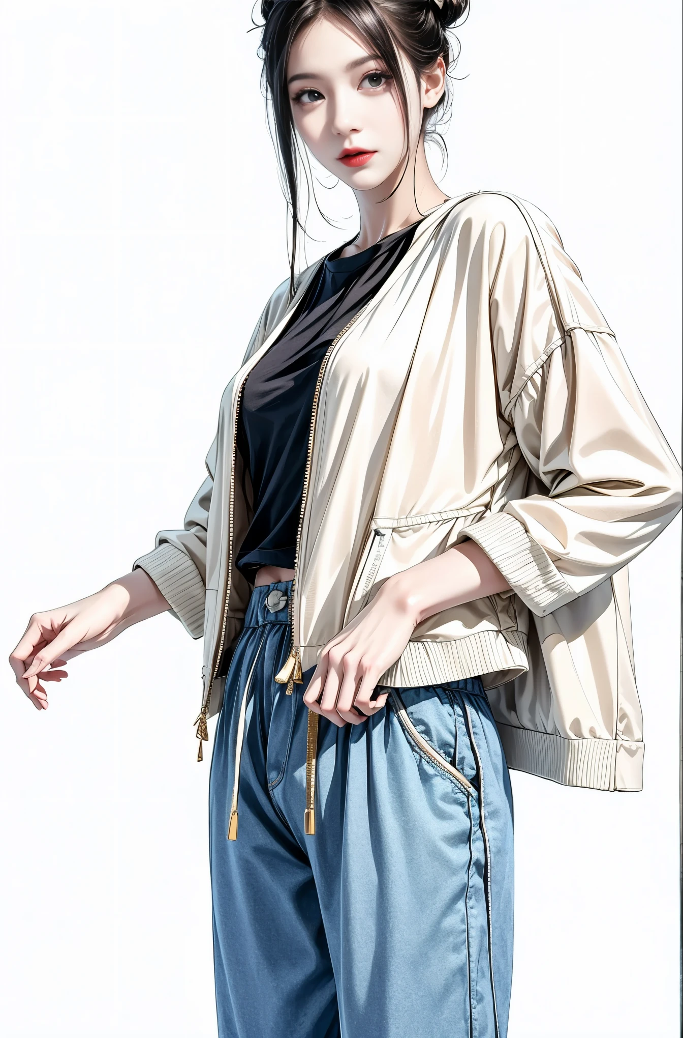 masterpiece, best quality, ((pure white background)), standing, black hair bun,cold face, full body, jacket, T-shirt, pants, (Fashionable clothing), happy, light effect, soft, super clear, high-definition picture, (front)