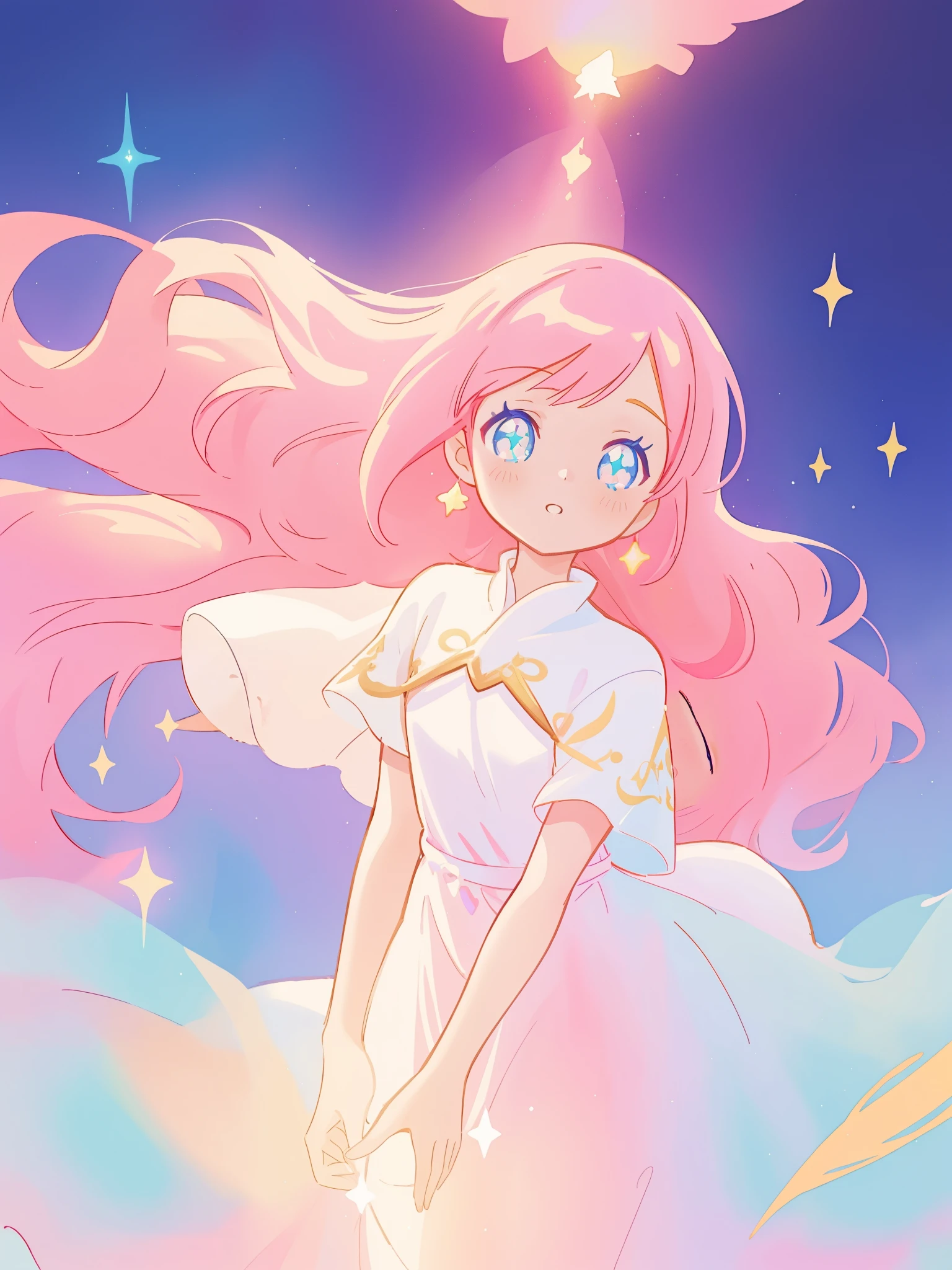 beautiful girl in white arabian two-piece dress, arabian princess, long colorful sparkling pink hair, watercolor illustration, Lois van Baarle, glowing aura around her, Glen Keane, jen bartel, glowing hair, beautiful digital illustration, fantasia background, beautiful, masterpiece, best quality, anime disney style, (detailed eyes), golden ratio, perfect composition
