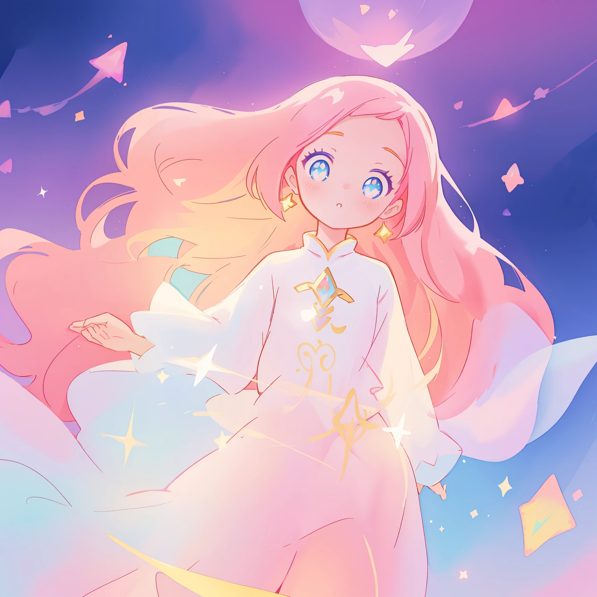 beautiful girl in white arabian two-piece dress, arabian princess, long colorful sparkling pink hair, watercolor illustration, Lois van Baarle, glowing aura around her, Glen Keane, jen bartel, glowing hair, beautiful digital illustration, fantasia background, beautiful, masterpiece, best quality, anime disney style, (detailed eyes), golden ratio, perfect composition