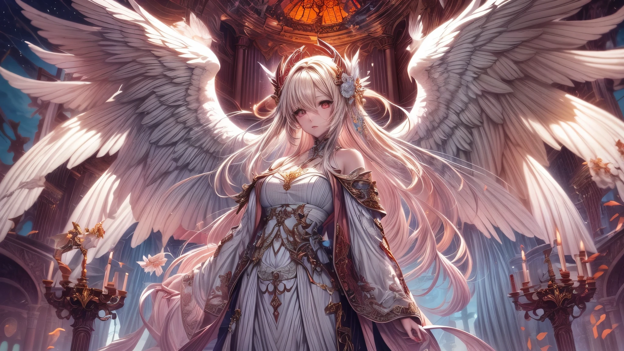 fantasy art, RPG art [[a picture of 2 women]], , a female angel (Masterpiece, intricate details), wearing dress, pale skin, best details beautiful face (Masterpiece, intricate details), blond hair, long hair wavy hair (Masterpiece,  intricate details), blue eyes, high heeled boots, wearing a dresasterpiece, intricate details), large angelic wings, white angelic wings spread [AND] a female demon (Masterpiece, 1.3, intricate details), demon, red skin (Masterpiece,  intricate details), demonic wings, black demonic wings spread, demonic hornasterpiece), red skin (Masterpiece), black hair, red eyes, best details beautiful face (Masterpiece, intricate details), wearing a dressier piece: 1.3, intricate details), high heels, in the border between heaven and hell, moon, stars, clouds, god rays, soft natural light silhouette, dynamic angle, photorealism, panoramic view (Masterpiece 1.3, intense details) , Wide-Angle, Ultra Wide