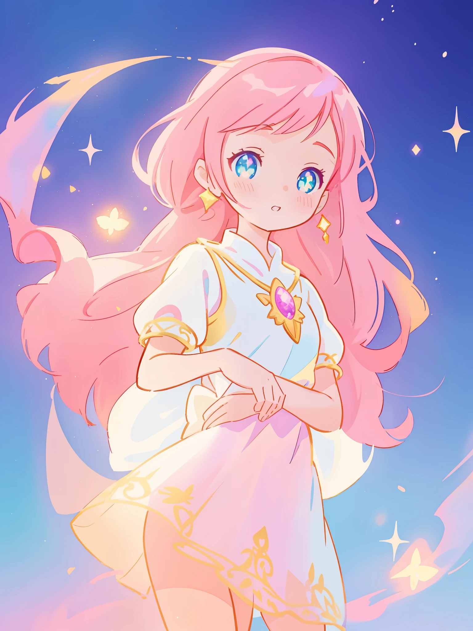 beautiful girl in white arabian two-piece dress, arabian princess, long colorful sparkling pink hair, watercolor illustration, Lois van Baarle, glowing aura around her, Glen Keane, jen bartel, glowing hair, beautiful digital illustration, fantasia background, beautiful, masterpiece, best quality, anime disney style, (detailed eyes), golden ratio, perfect composition
