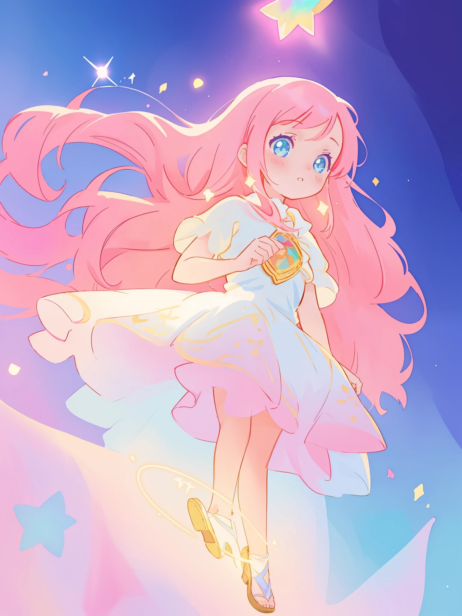 beautiful girl in white arabian two-piece dress, arabian princess, long colorful sparkling pink hair, watercolor illustration, Lois van Baarle, glowing aura around her, Glen Keane, jen bartel, glowing hair, beautiful digital illustration, fantasia background, beautiful, masterpiece, best quality, anime disney style, (detailed eyes), golden ratio, perfect composition