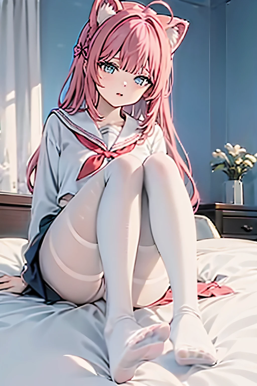 masterpiece, best quality, 1girl, ahoge, bangs, solo, cat ears, school uniform, red neckerchief, sleepy, white pantyhose, feet, looking at viewer, on bed,