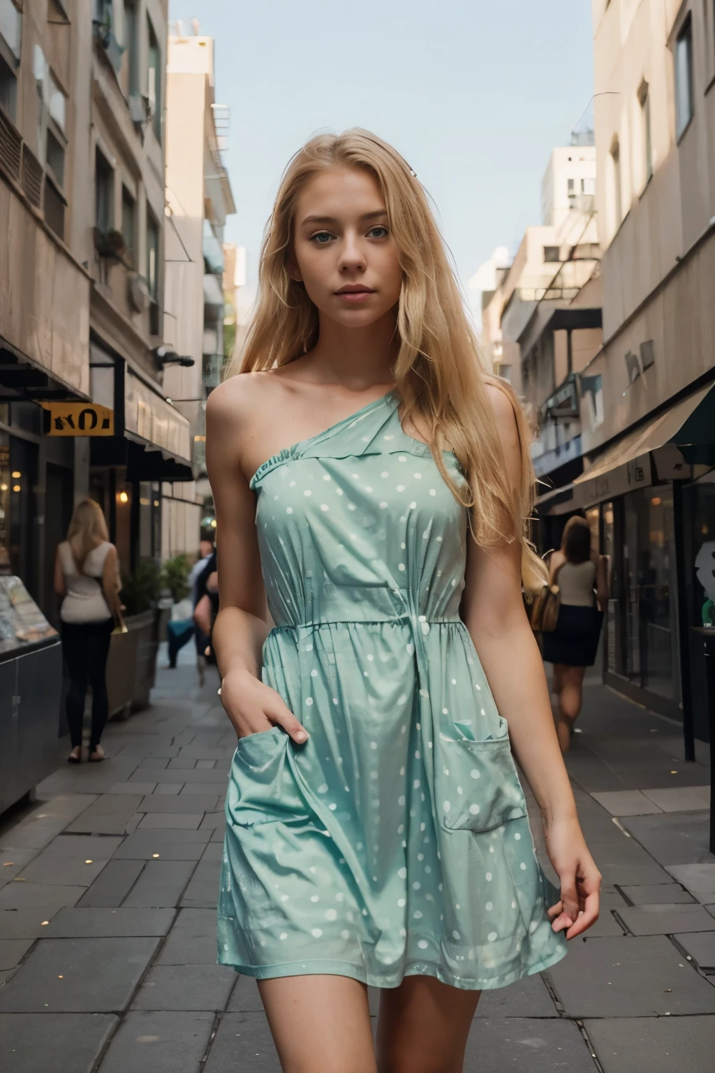 Young woman, 22, Sexy, blonde with shoulder length hair, Freckles, green eyes, serious expression, I'm standing in the city, Low buildings, white polka dot dress, pockets in dress, hands in pockets, Looking away, blonde hair, Photo, photorealism
