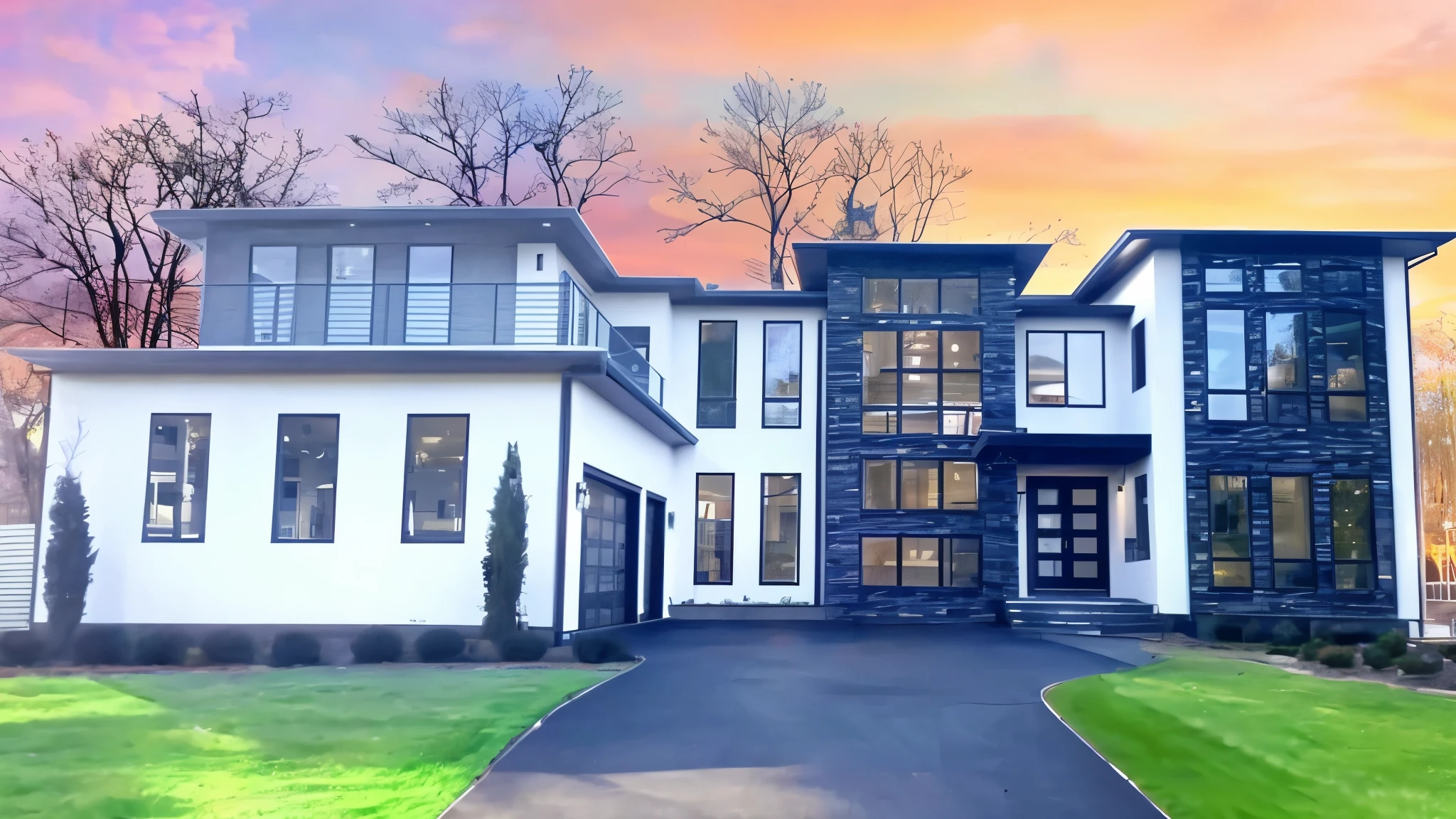there is a picture of a large white house with a driveway, neotraditional modern, wide angle exterior 2022, contemporary masterpiece, modern setting, award winning contemporary, stunning masterpiece, front view dramatic, exterior wide shot, from the front, arhitectural shot, large modern residence, modern style, well-designed masterpiece, incredibly beautiful, wide angle + masterpiece, same design, realistic image, 16k resolution, very detailed image