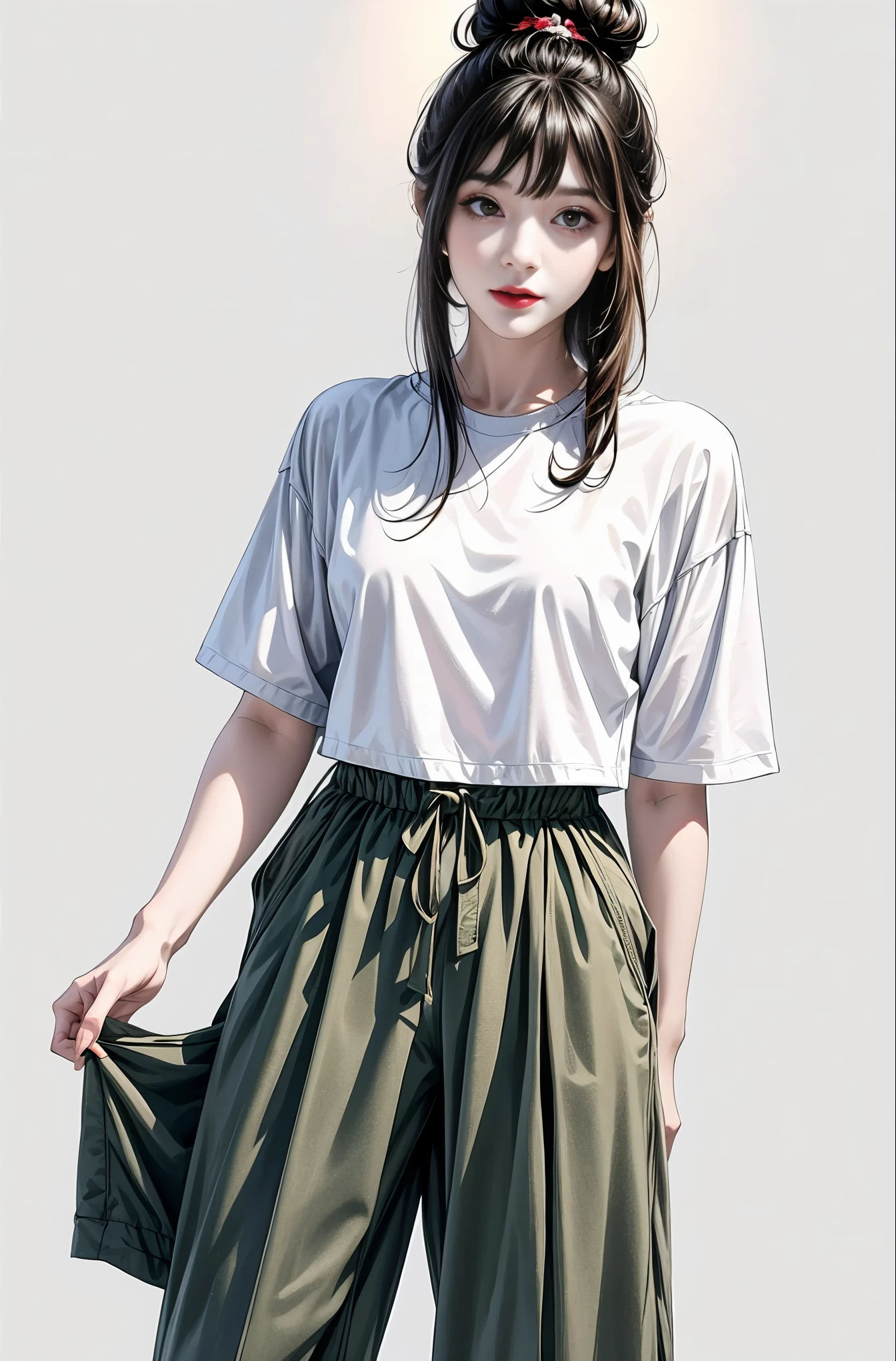 masterpiece, best quality, ((pure white background)), standing, black hair bun,cold face, full body, jacket, T-shirt, pants, (Fashionable clothing), happy, light effect, soft, super clear, high-definition picture, (front)