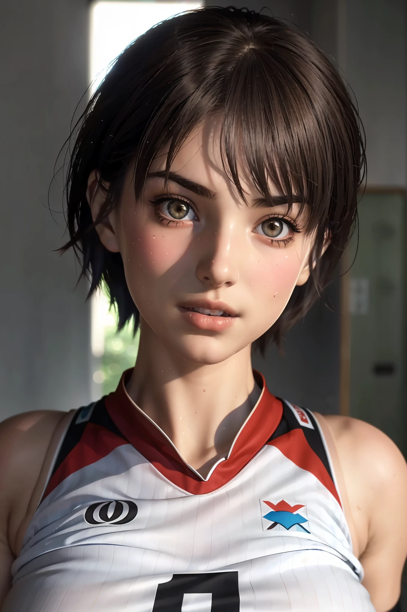 A stunning and intricate full color portrait in Ultra-HD, 22 year old girl, detailed face short brown hair, brown eyes, white volleyball uniform with red stripes, big breasts, epic character composition, alessio albi, nina masic, focus sharp, natural lighting, subsurface dispersion, f2, 35mm,