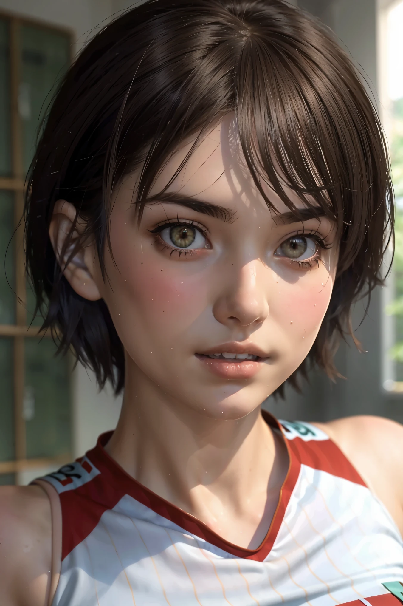 A stunning and intricate full color portrait in Ultra-HD, 22 year old girl, detailed face short brown hair, brown eyes, white volleyball uniform with red stripes, big breasts, epic character composition, alessio albi, nina masic, focus sharp, natural lighting, subsurface dispersion, f2, 35mm,