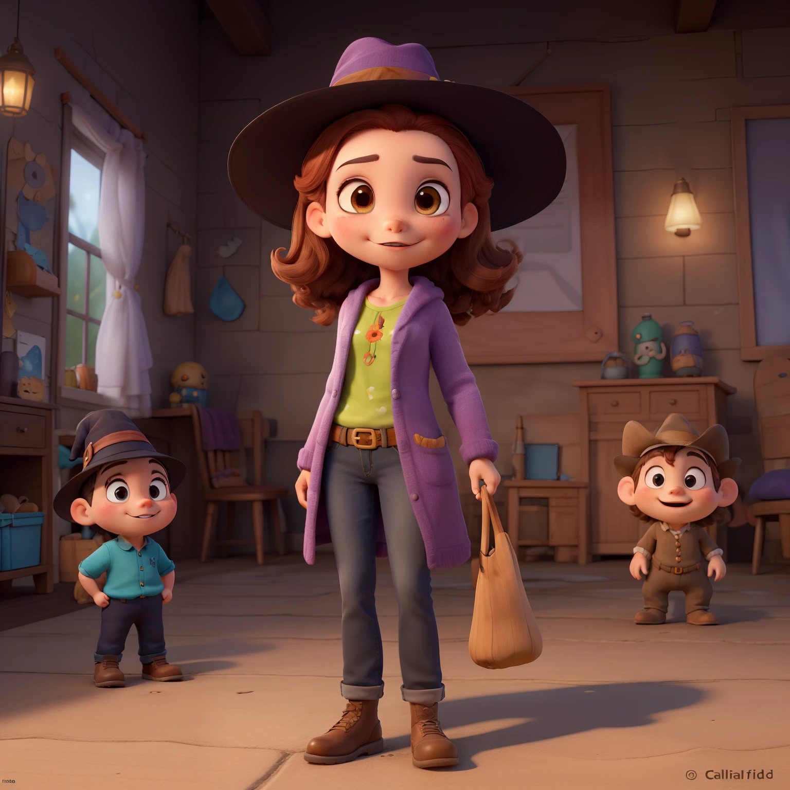 ((Mejor calidad)), ((Obra maestra)), (detallado), cara perfecta, crea un dibujo a color estilo disney para cuento : full body shot of a who is a witch ,ojos morados, mofletes redondos, with small forehead, cabello negro y corto, vestida y sombrero morado