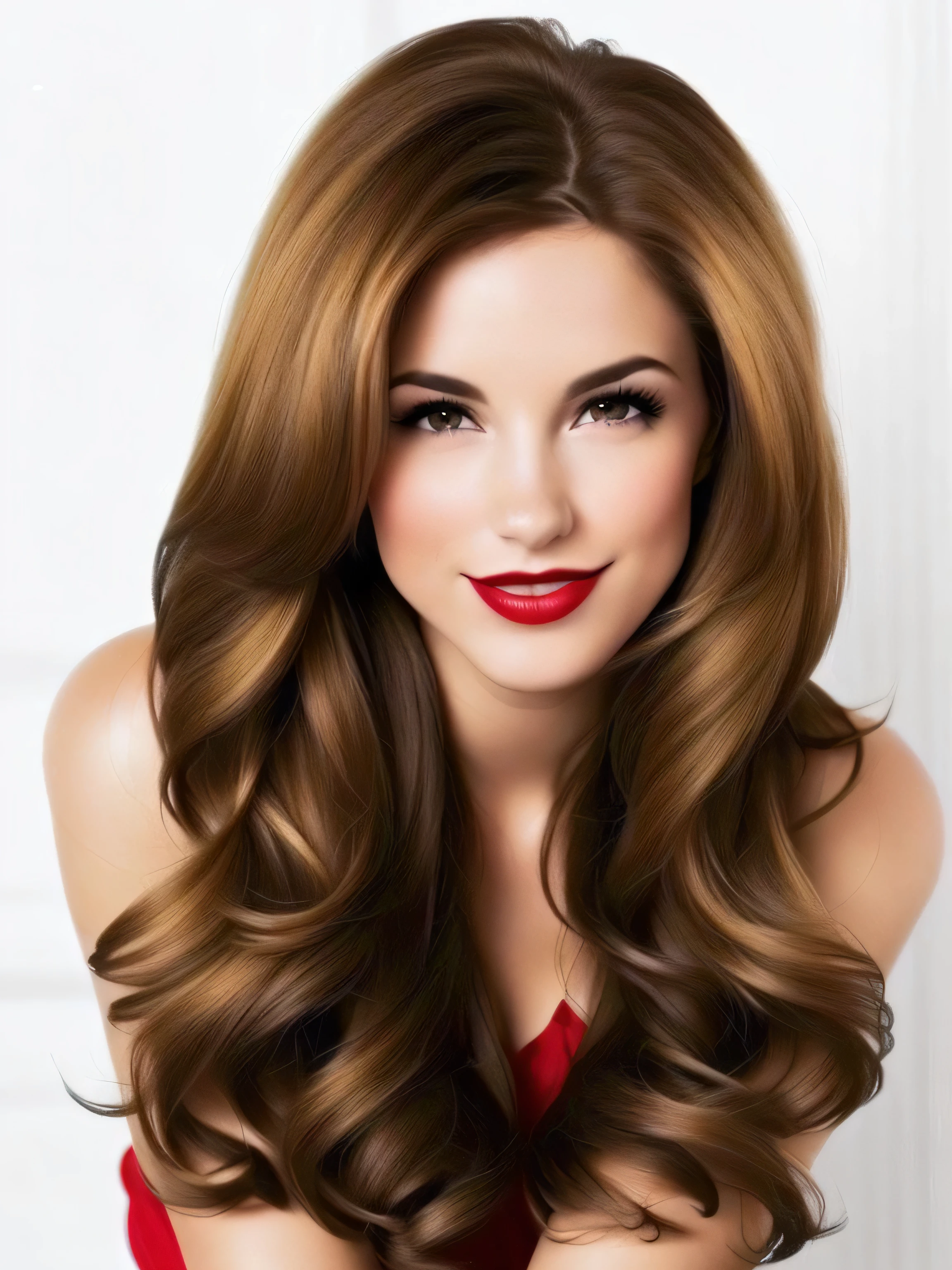 um close de uma mulher com longos cabelos castanhos e um vestido vermelho no centro de New York, cabelos castanhos, cabelo castanho repartido ao meio, cabelos castanhos longos e ondulados, cabelos longos de cor castanha, cabelo castanho ondulado, longos cabelo castanho ondulado, red lipstick and attractive features, Excelente _ Penteado, cabelo moreno longo e ondulado, cabelo castanho claro repartido, medium long brown hair, no centro de cidade New York