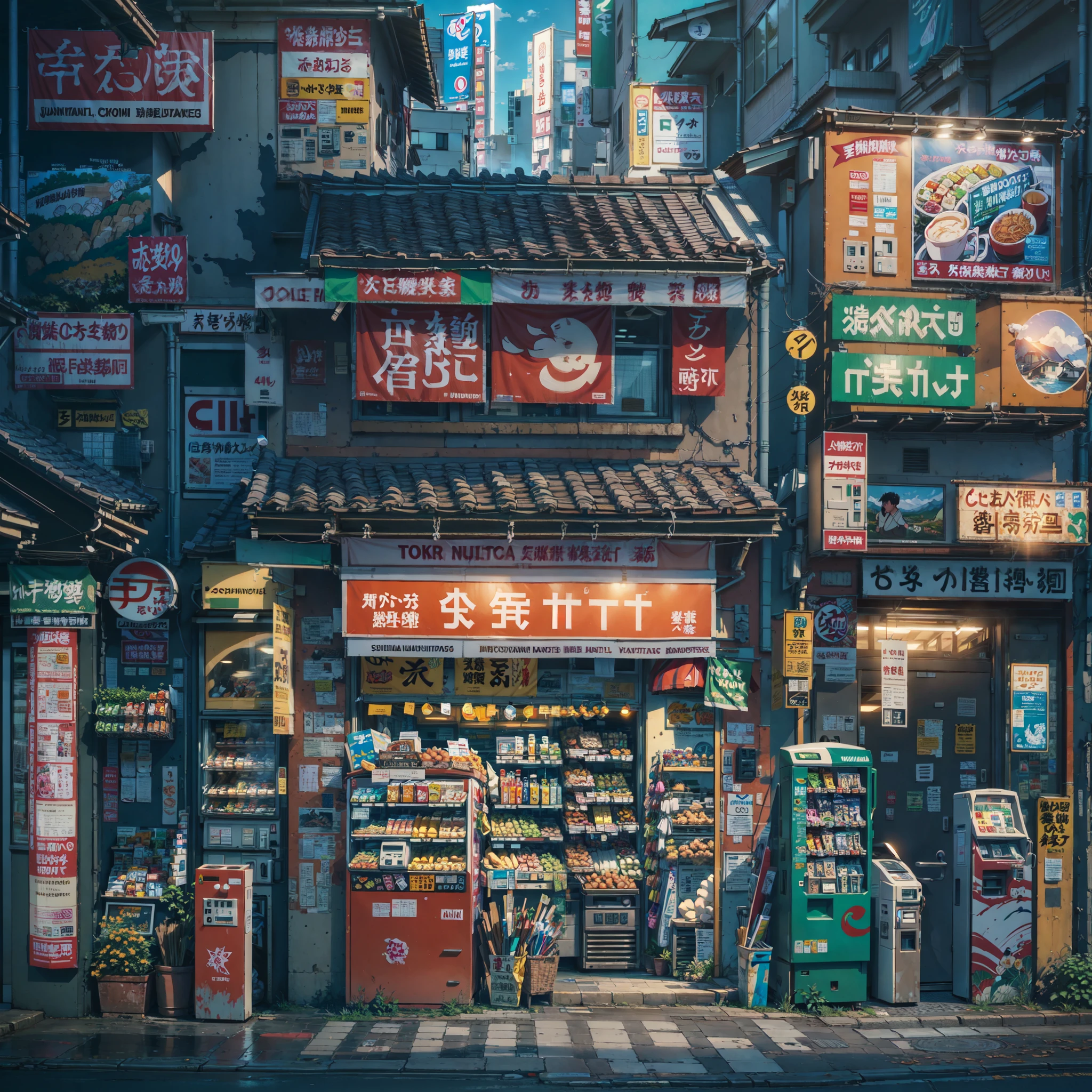 painting of a japanese street scene with vending machines and a vending machine, studio ghibli and dan mumford, by Kamagurka, detailed 4 k painting, beautiful detailed pixel art, convenience store, detailed anime artwork, tokyo anime scene, highly detailed digital painting, extra detailed, tokyo - esque town, very detailed digital painting, detailed painting 4 k, highly detailed 4 k painting