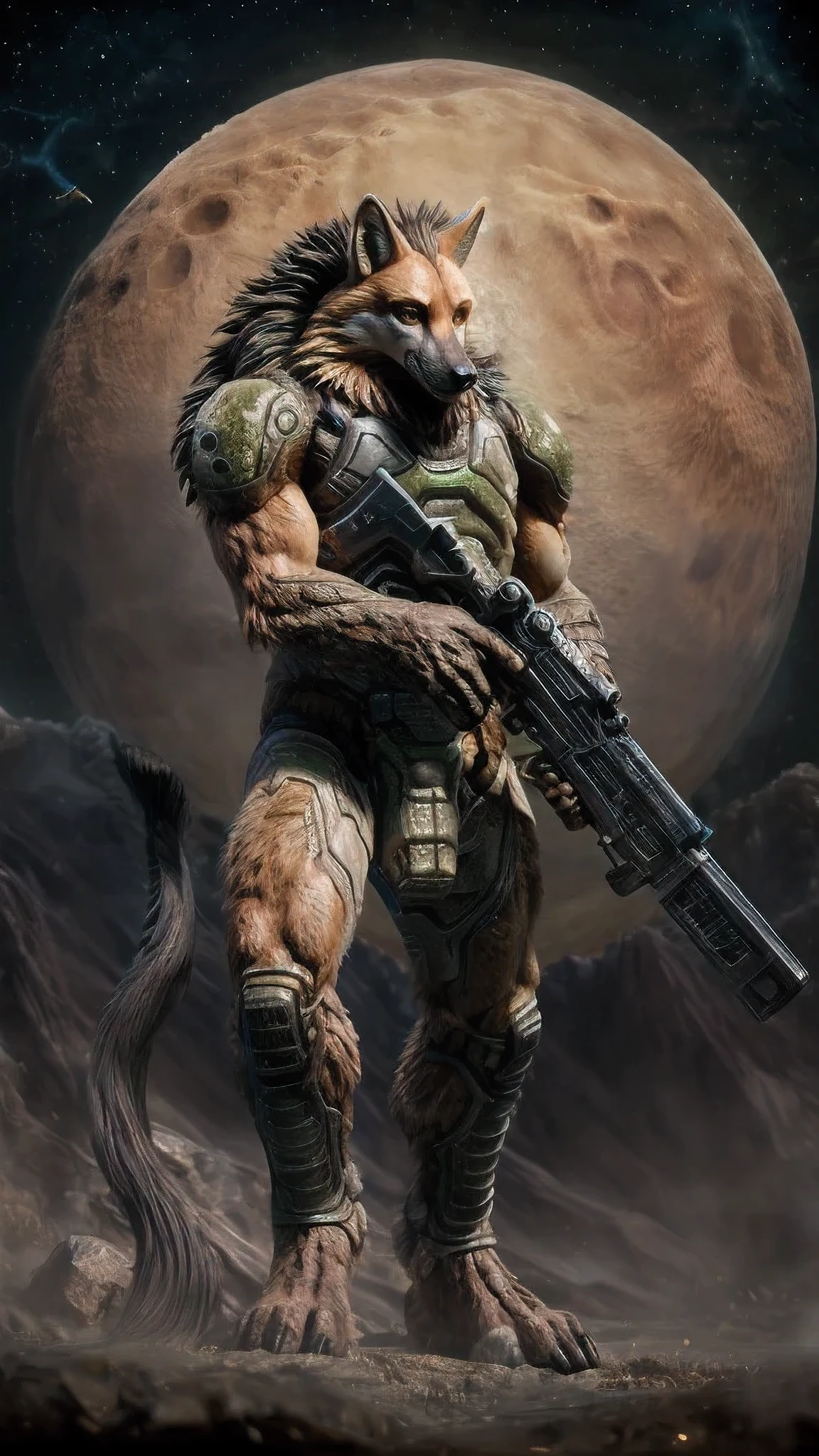 High detail, film, cinematic, realistic, masterpiece, male with(gun), (DOOM3), maned wolf, anthro, furry, maned wolf ears, detailed fur, solo, hell, mars, absurdres, best quality, HDR, high quality, high-definition, extremely detailed, 8k wallpaper, intricate details, 8K uhd, Full-HD, (by darkgem:0.7), (by shibashake:1.0), ((by darkvan:)), ((by oouna)), (by pino daeni:1.2)