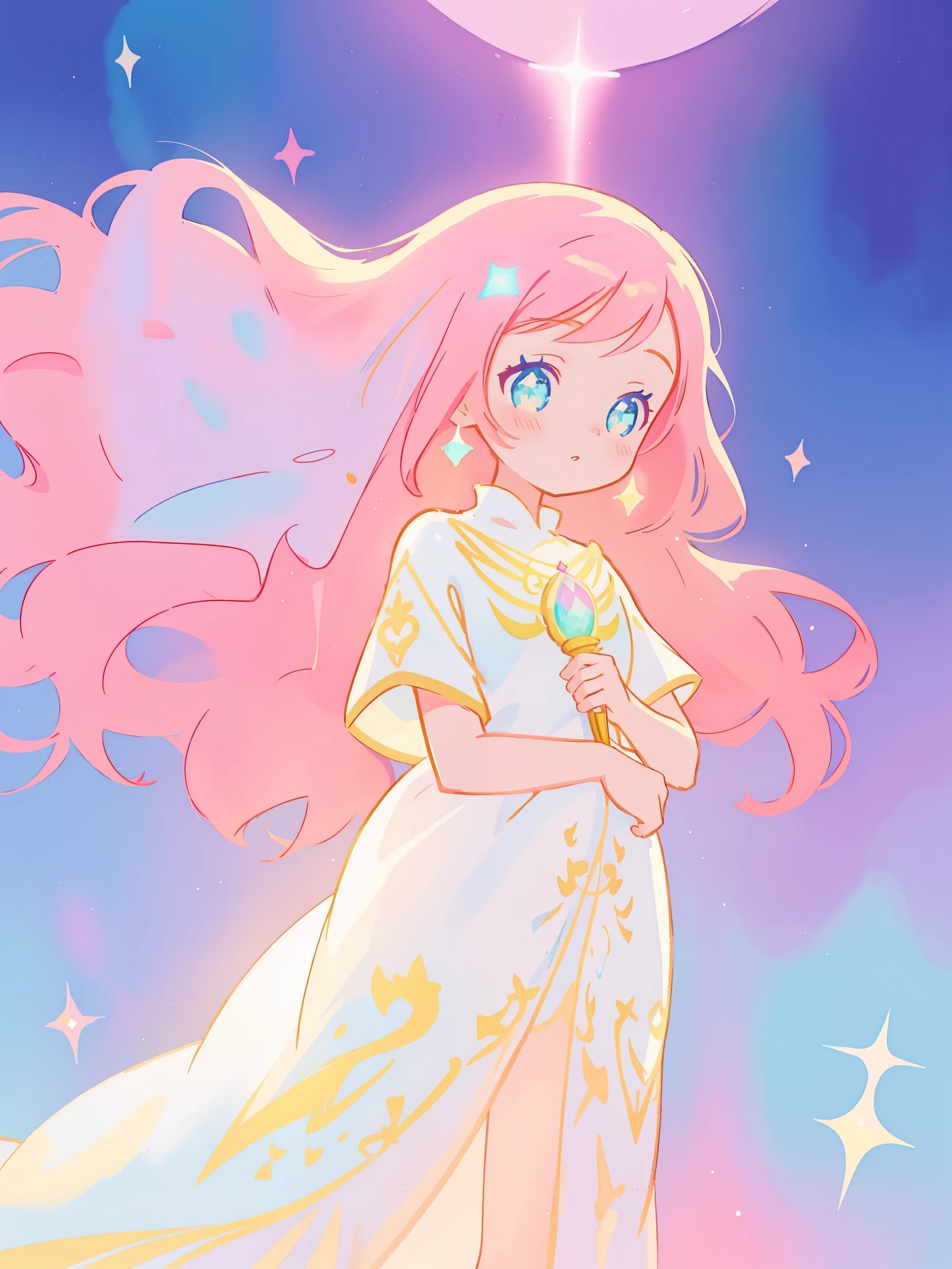 beautiful girl in white arabian two-piece dress, arabian princess, long colorful sparkling pink hair, watercolor illustration, Lois van Baarle, glowing aura around her, Glen Keane, jen bartel, glowing hair, beautiful digital illustration, fantasia background, beautiful, masterpiece, best quality, anime disney style, (detailed eyes), golden ratio, perfect composition