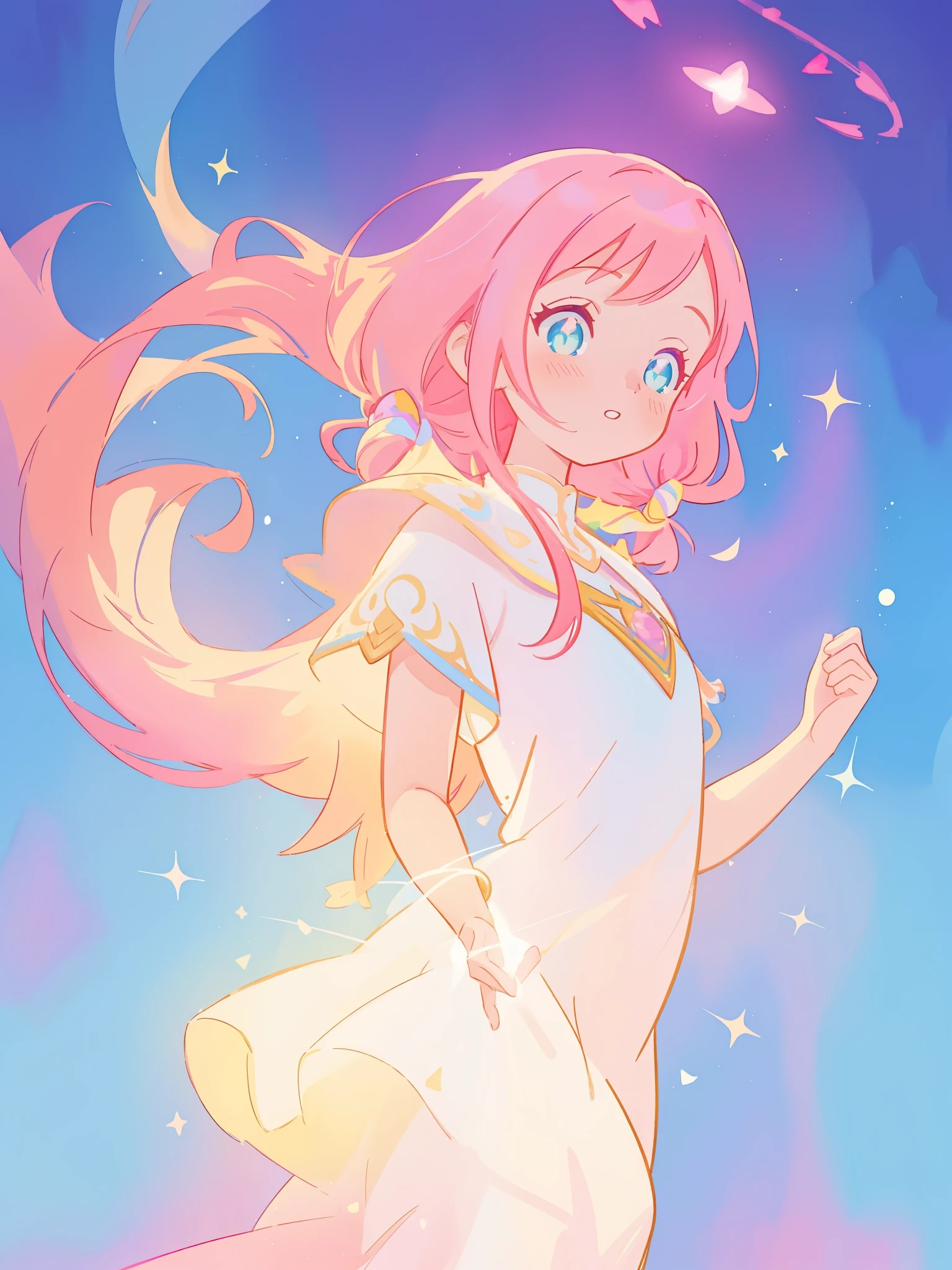 beautiful girl in white arabian two-piece dress, arabian princess, long colorful sparkling pink hair, watercolor illustration, Lois van Baarle, glowing aura around her, Glen Keane, jen bartel, glowing hair, beautiful digital illustration, fantasia background, beautiful, masterpiece, best quality, anime disney style, (detailed eyes), golden ratio, perfect composition