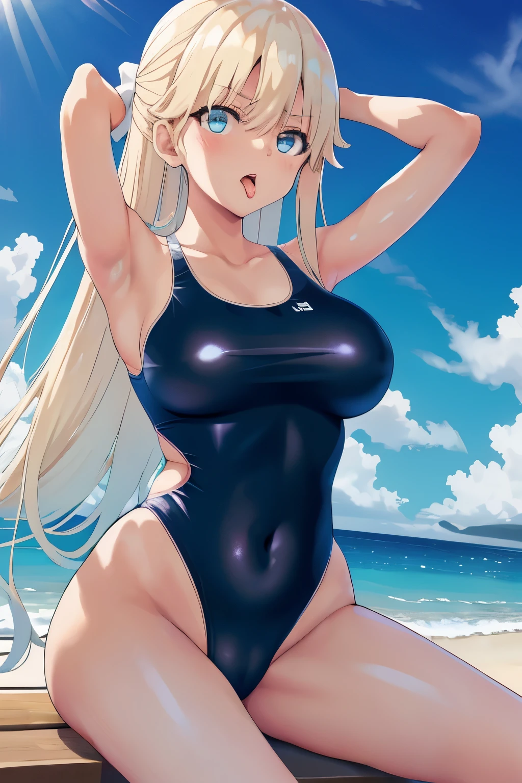 Big tits, masterpiece, best quality, highres, 1girl, Tsubasa Nanase, solo, swimsuit, (((black_one-piece_swimsuit, breasts))), navel, outdoors, tongue, armpits, tongue_out, beach, large_breasts, slingshot_swimsuit, long_hair, blush, areola_slip, day, sitting, wet, ocean, ahegao, sky, thighs, water, blue_eyes, arms_up, open_mouth, spread_legs, blue_sky, bangs, (one-piece_swimsuit), cloud, arms_behind_head, collarbone